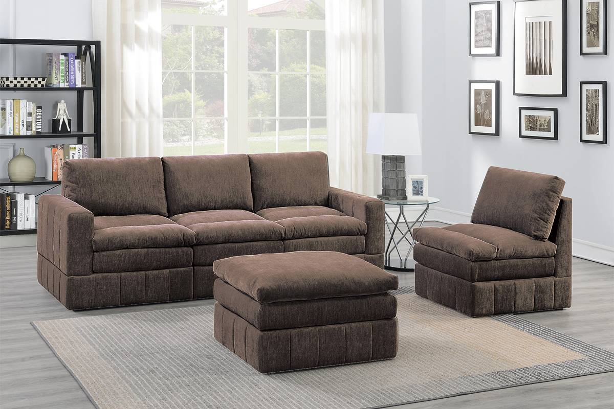 Contemporary 5pc Set Modular Sofa Set 2x One Arm Chair / Wedge 2x Armless Chairs 1x Ottoman Mink Morgan Fabric Plush Living Room Furniture