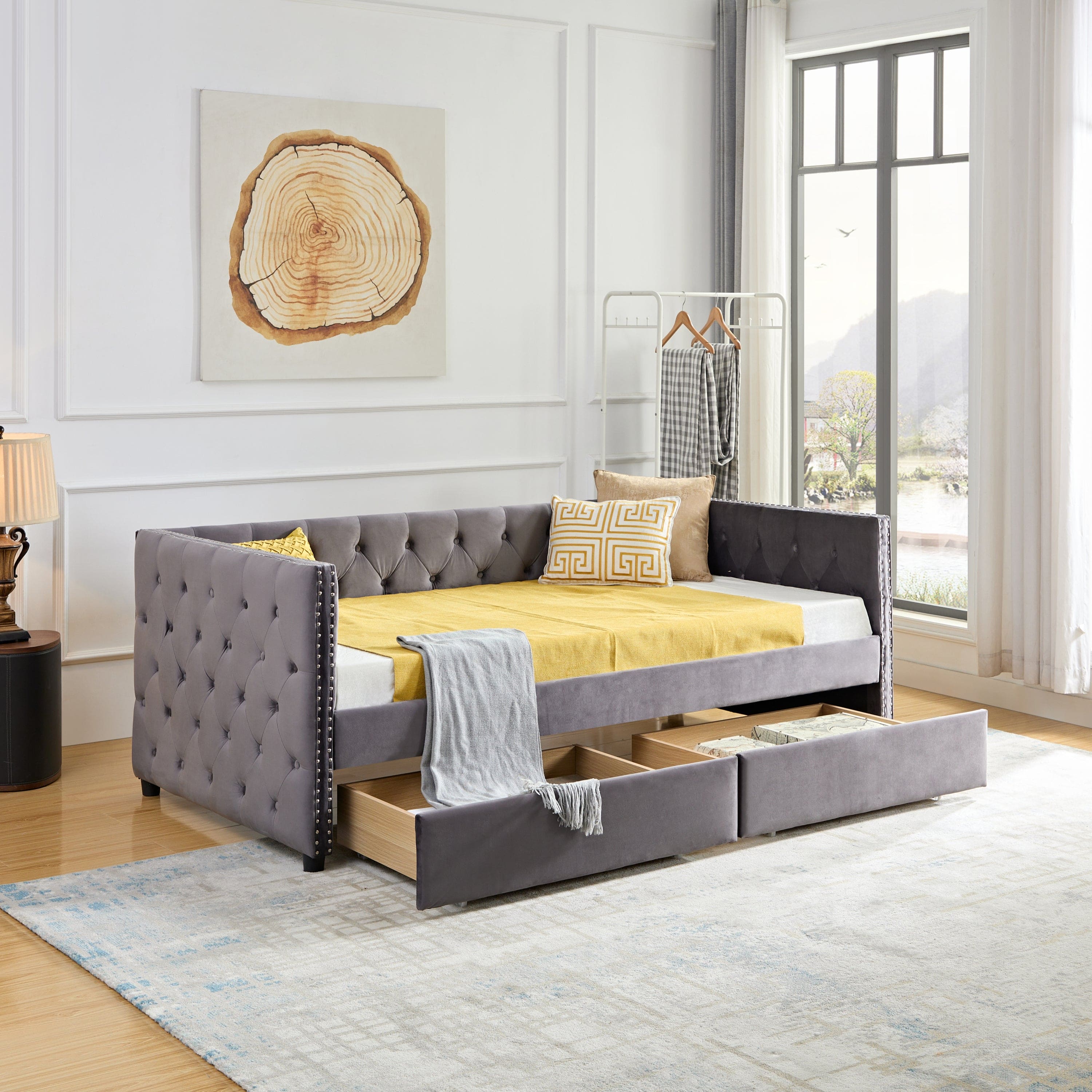 Sofa bed with drawers, modern velvet upholstered sofa bed with button tufted sofa bed frame with double drawers, bedroom living room furniture, Grey(83.47''x42.91''x30.71''')