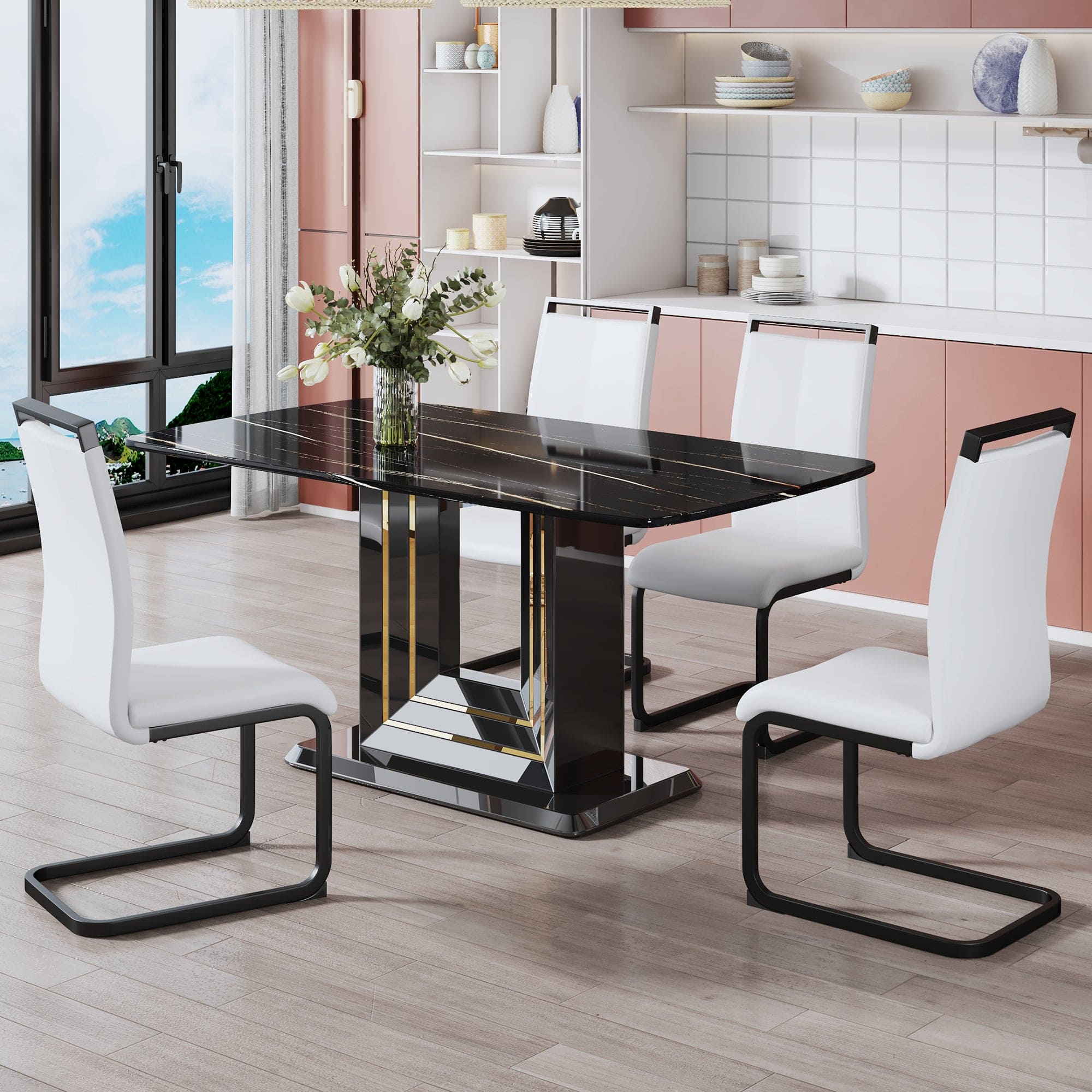 A table and four chairs. The table features a black imitation marble pattern tabletop and black gold MDF legs. The chair has a white PU backrest cushion and black metal legs. F-SQ  C-1162