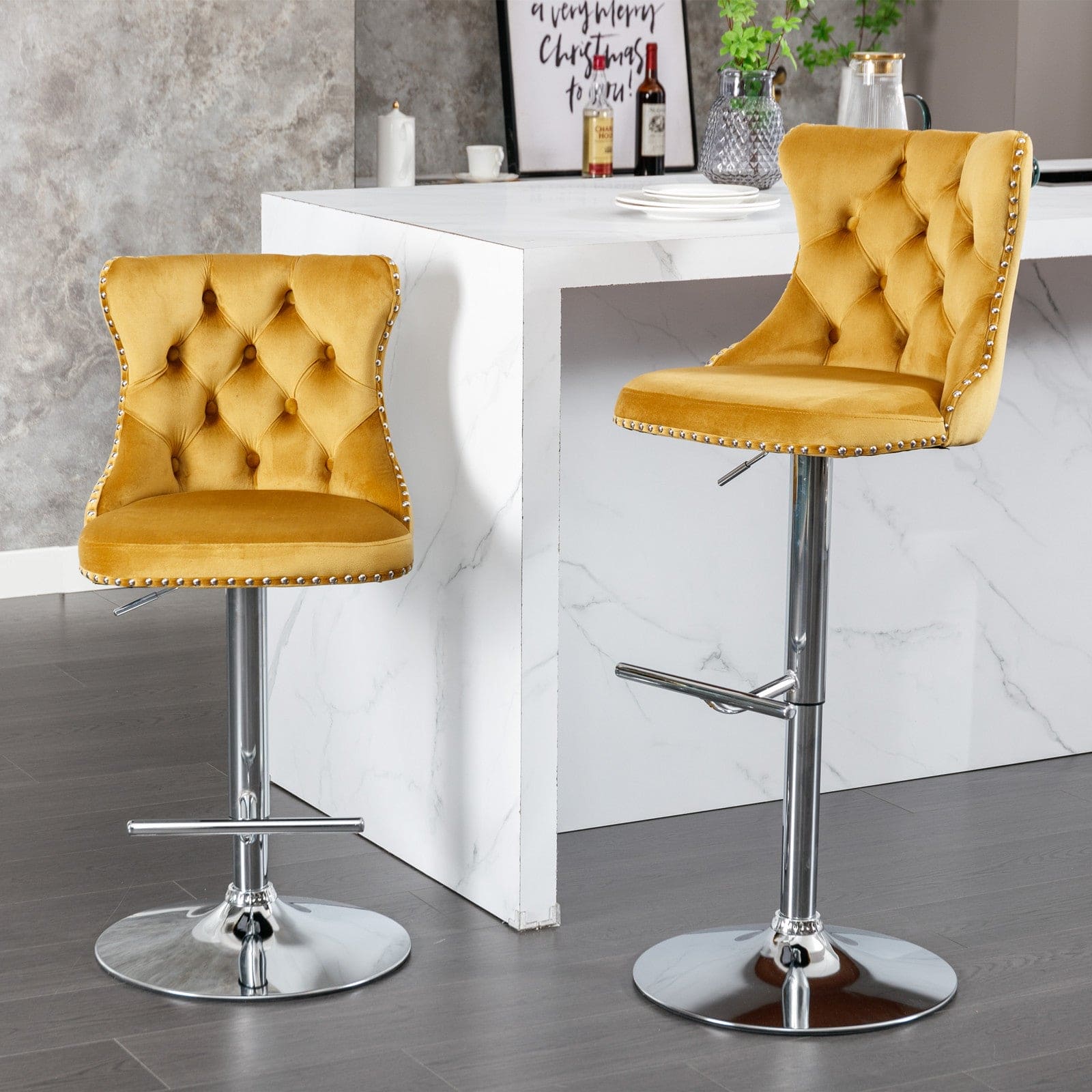 A&A Furniture,Swivel Velvet Barstools Gold,Set of 2