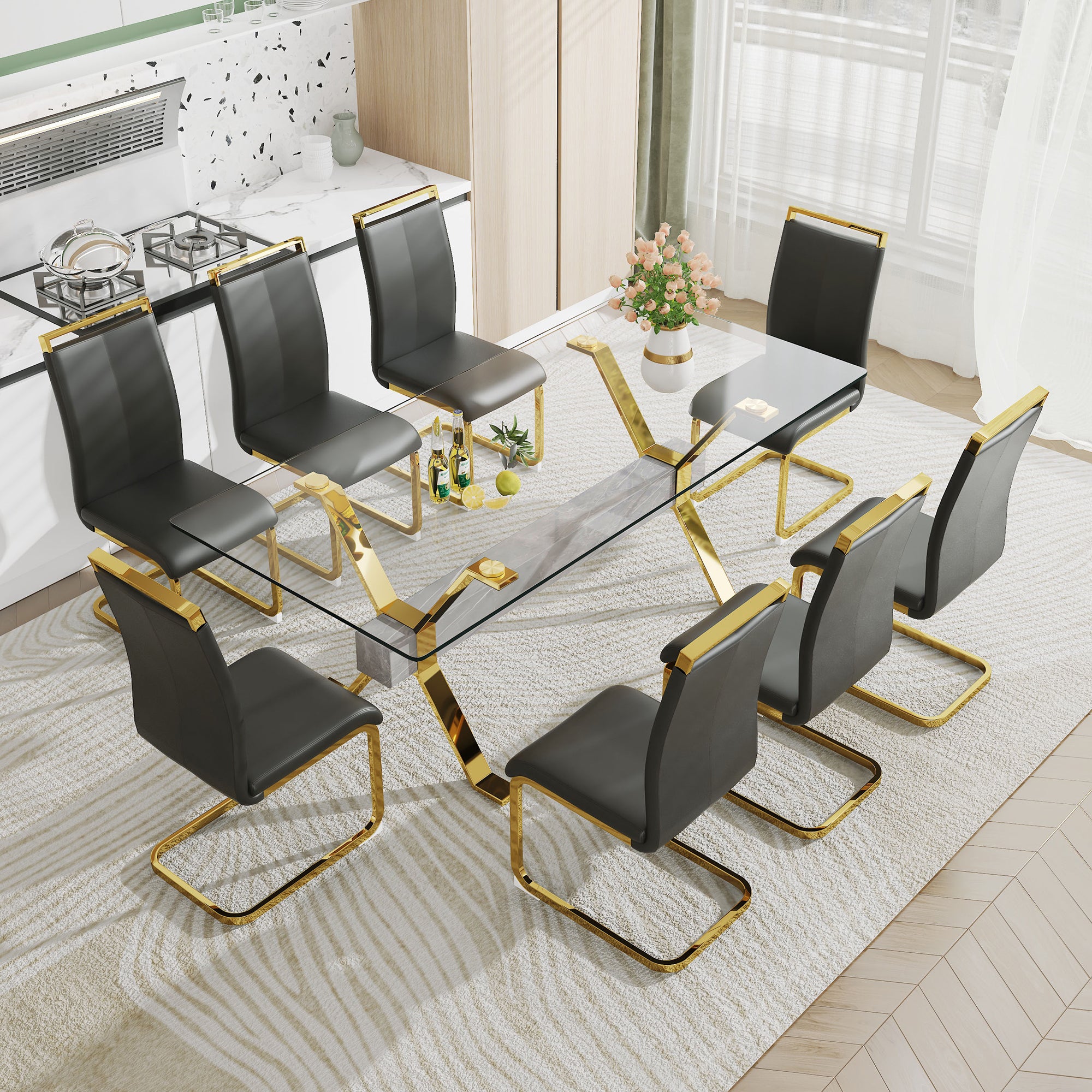 1 table and 8 chairs. Modern simple luxury tempered glass rectangular dining table and desk with 8 black PU gold plated leg chairs 79''x39''x30''