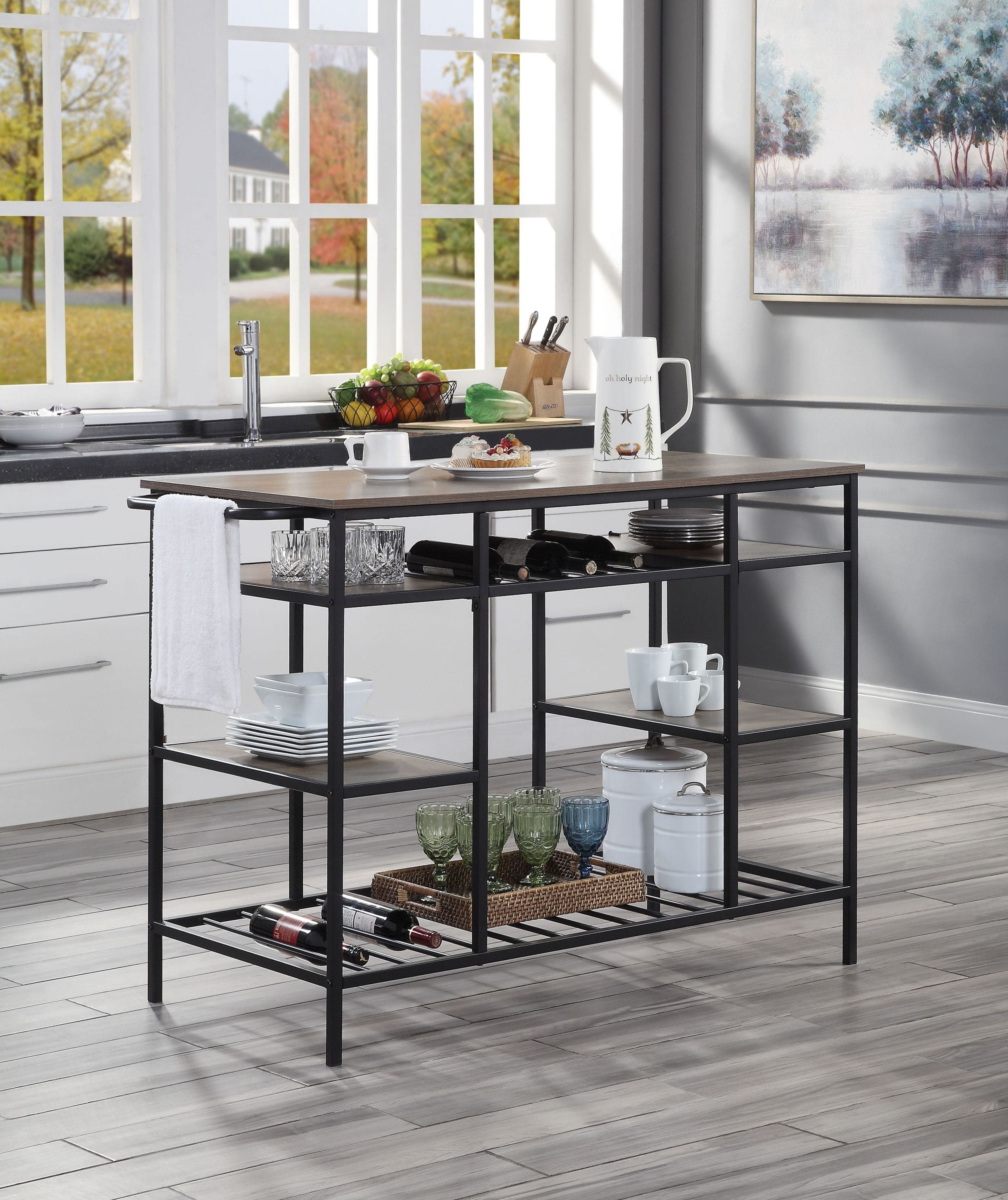 ACME Lona Kitchen Island, Rustic Oak & Black Finish AC00325