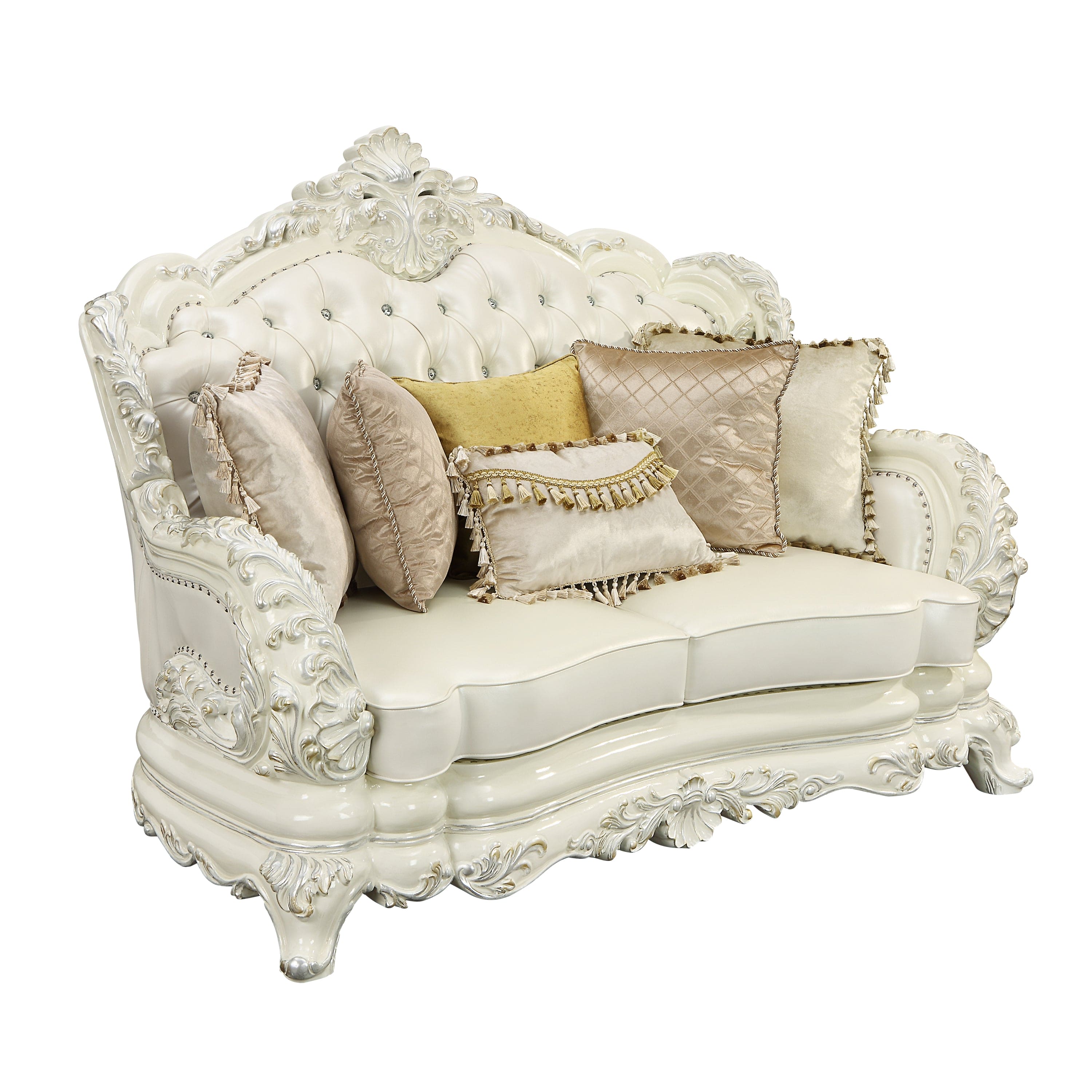 ACME Adara LOVESEAT W/5 PILLOWS Pearl White PU & Antique White Finish LV01225