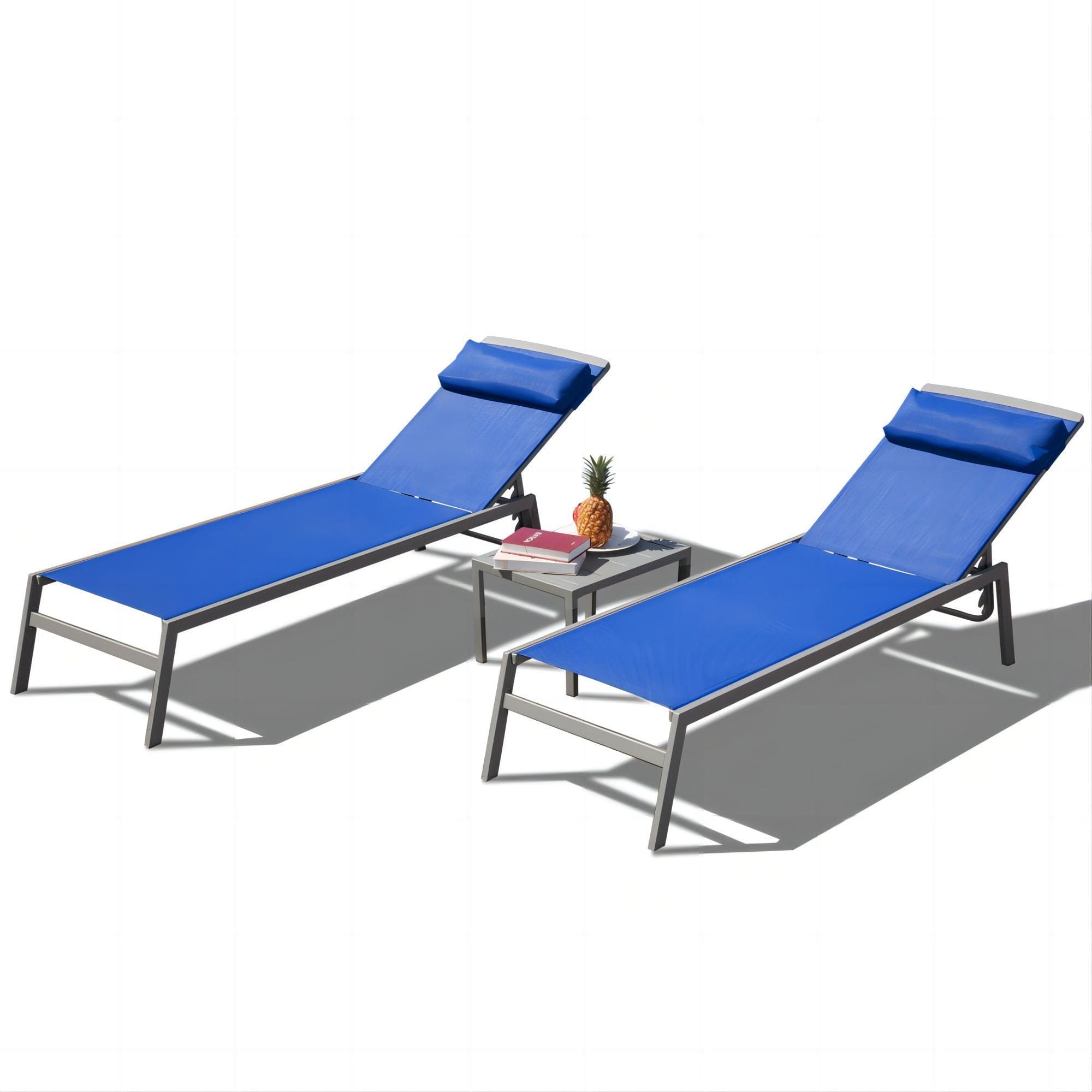 Patio Chaise Lounge Set, 3 Pieces Adjustable Aluminum Backrest Pool Lounge Chairs Textilene Sunbathing Recliner with Headrest (Blue,2 Lounge Chairs+1 Table)