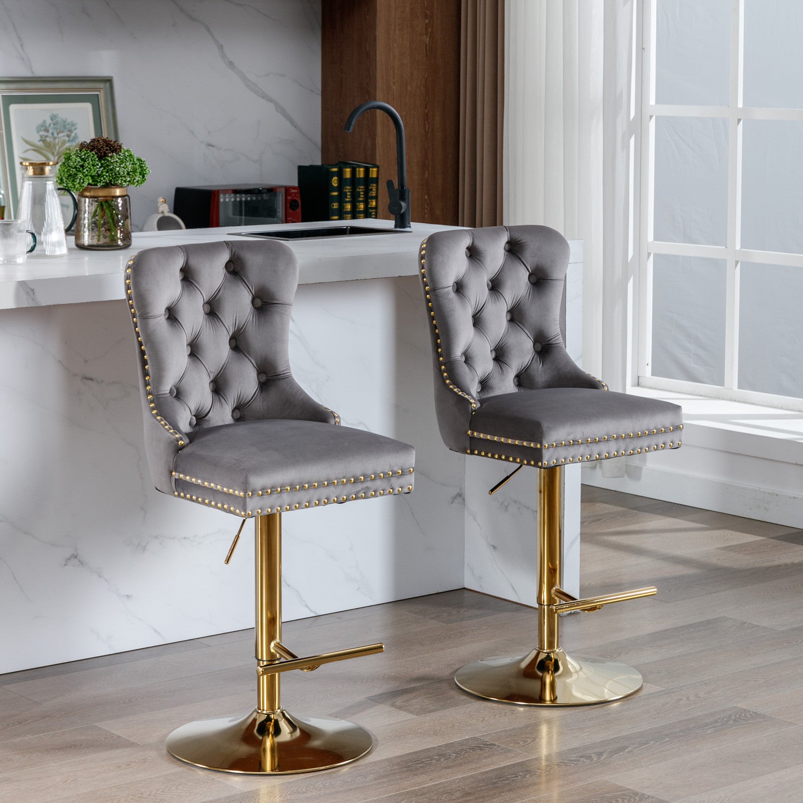 A&A Furniture,Thick Golden Swivel Velvet Barstools Adjusatble Seat Height from 25-33 Inch, Modern Upholstered Bar Stools with Backs Comfortable Tufted for Home Pub and Kitchen Island (Gray,Set of 2)