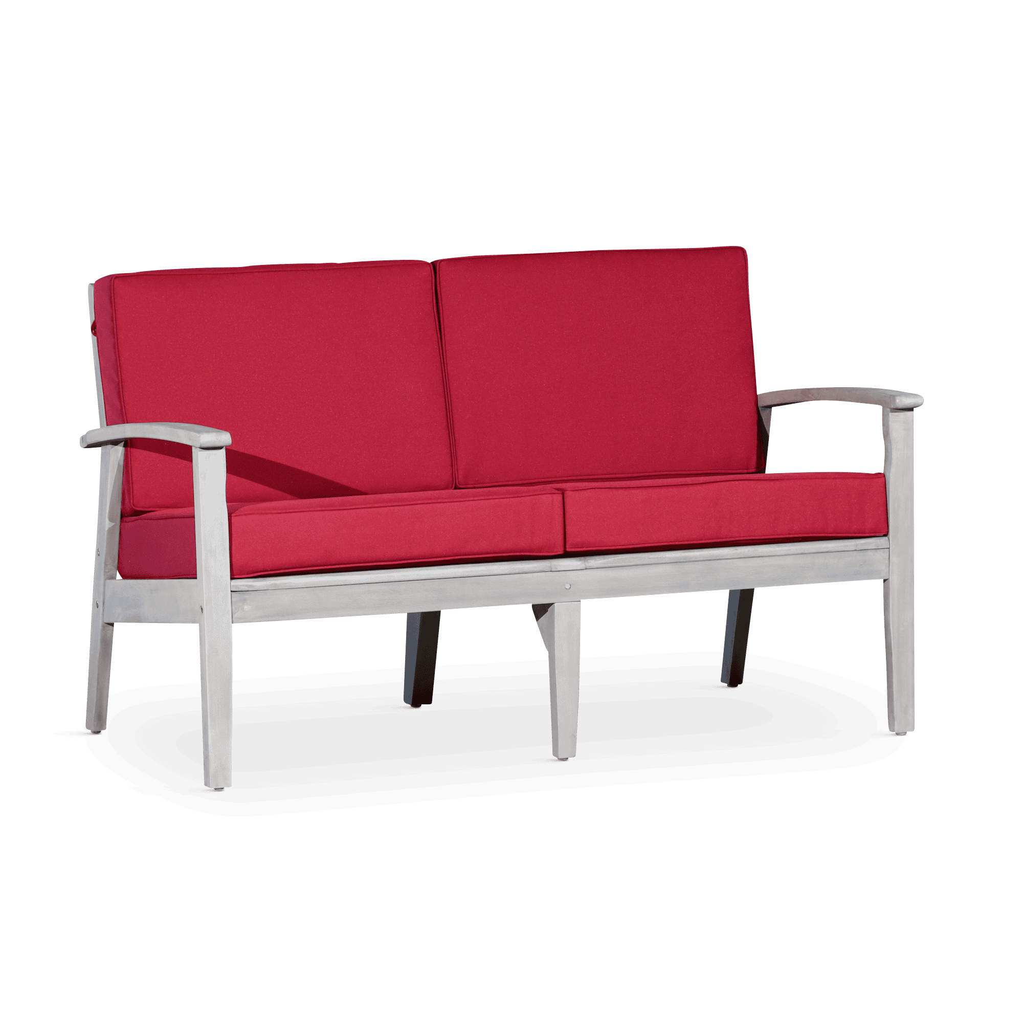 Eucalyptus Loveseat with Cushions, Silver Gray Finish, Burgundy Cushions