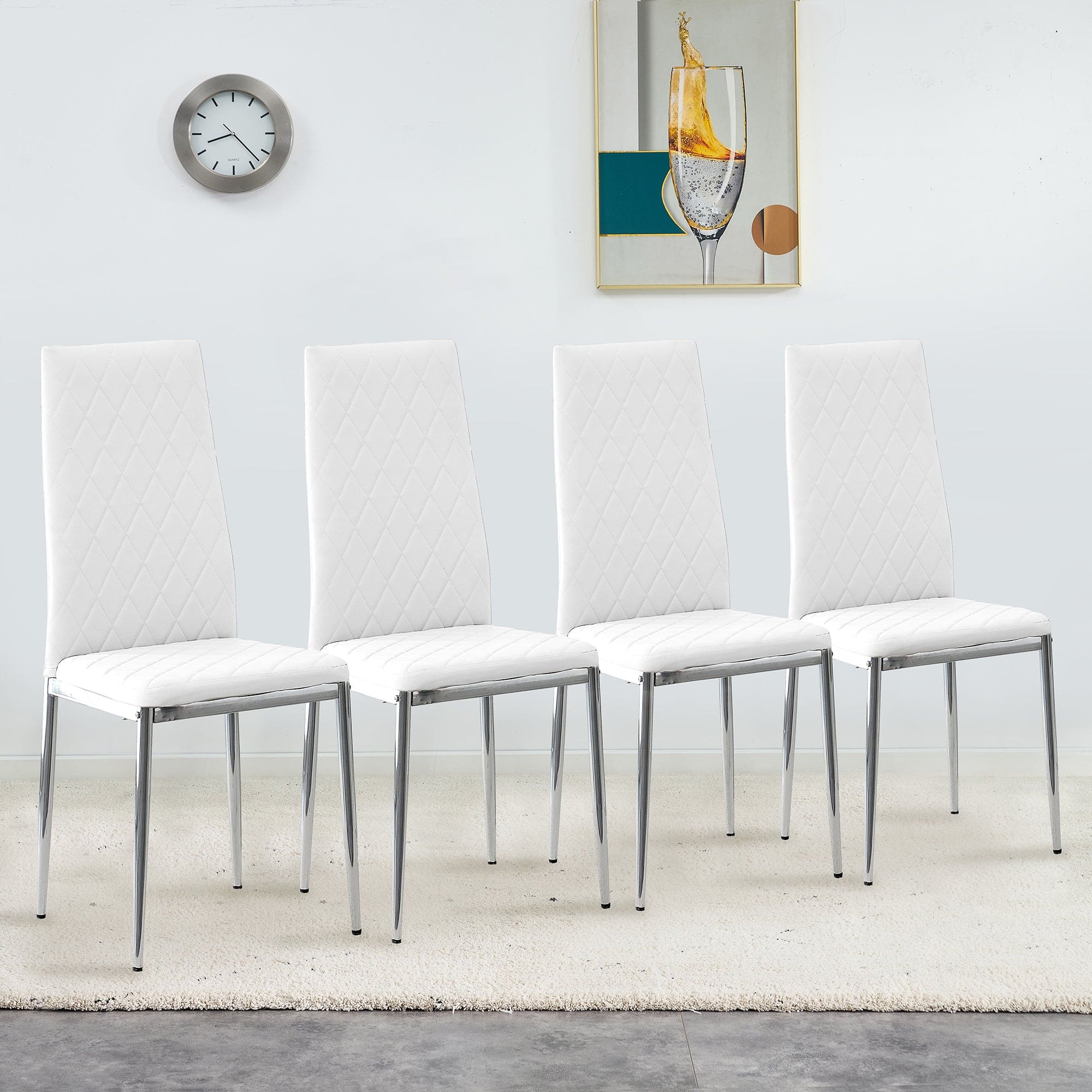 Grid armless high backrest dining chair, 4-piece set of silver metal legs white chair, office chair. Suitable for restaurants, living rooms, kitchens, and offices.W115162607  0924