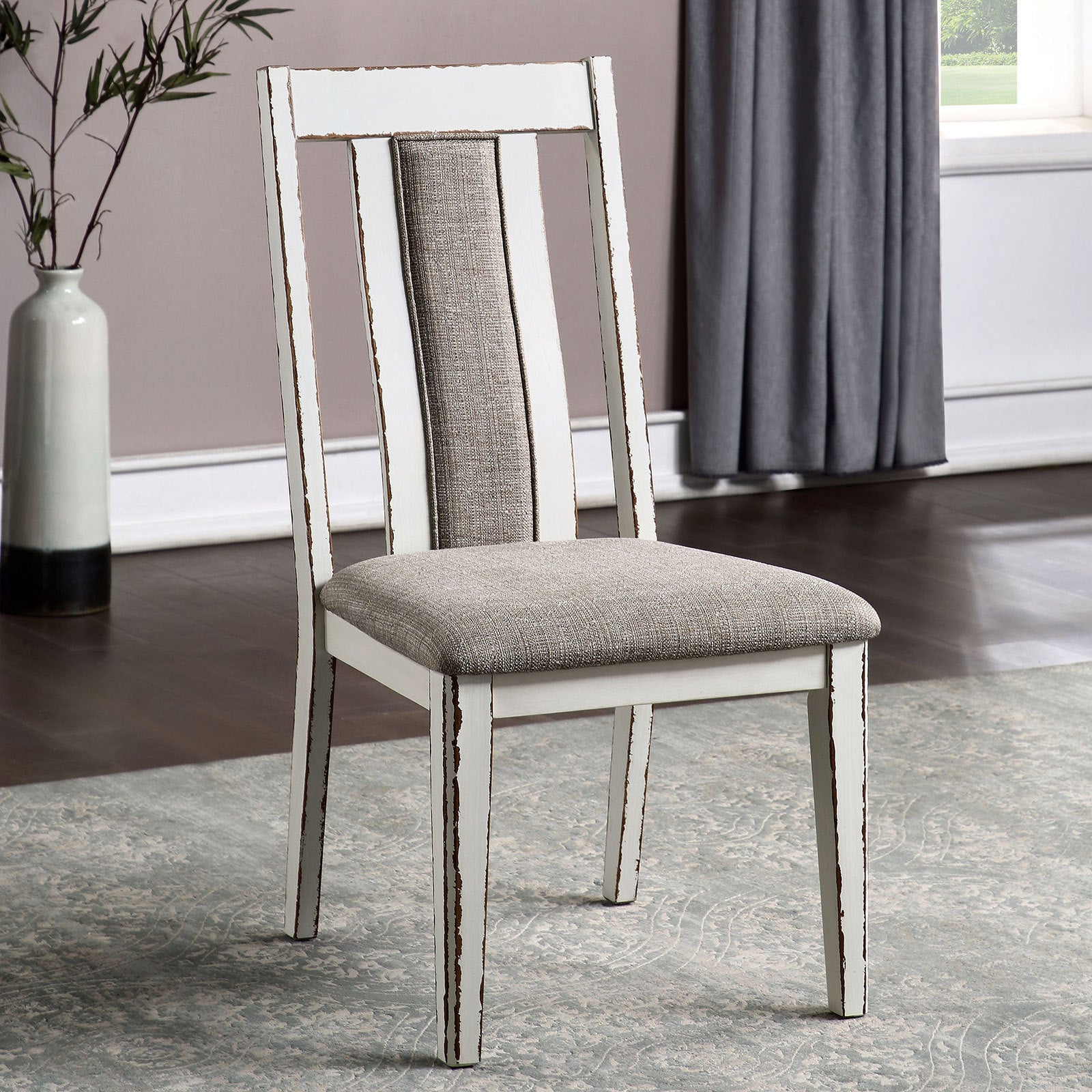 Classic Weathered White / Warm Gray Set of 2 Side Chairs Fabric Unique Back Solid wood Chair Upholstered Seat Kitchen Rustic Dining Room Furniture