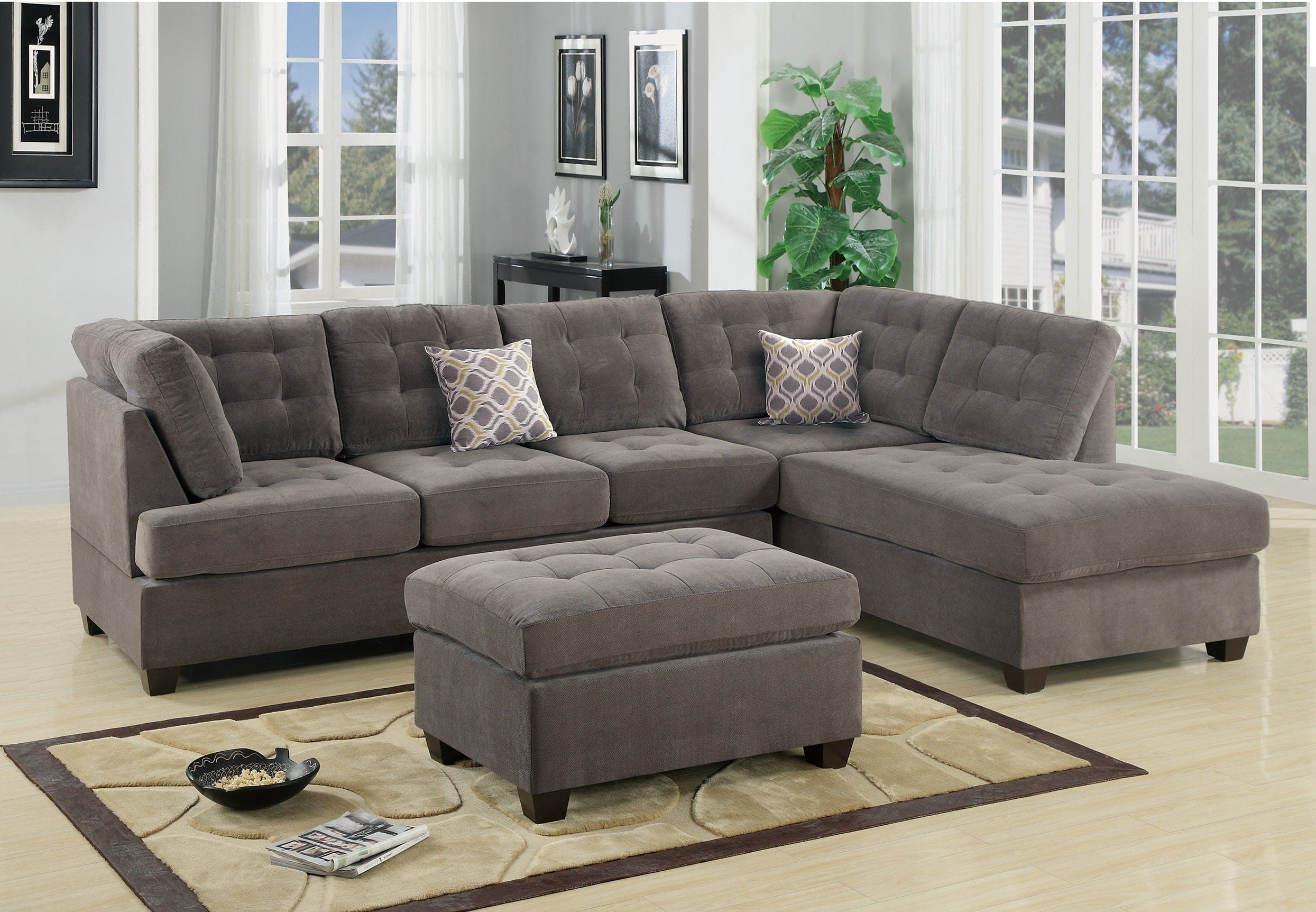 Living Room Sectional Waffle Suede Charcoal Color Sectional Sofa w Pillows Couch Tufted Cushion  Contemporary (NO OTTOMAN)