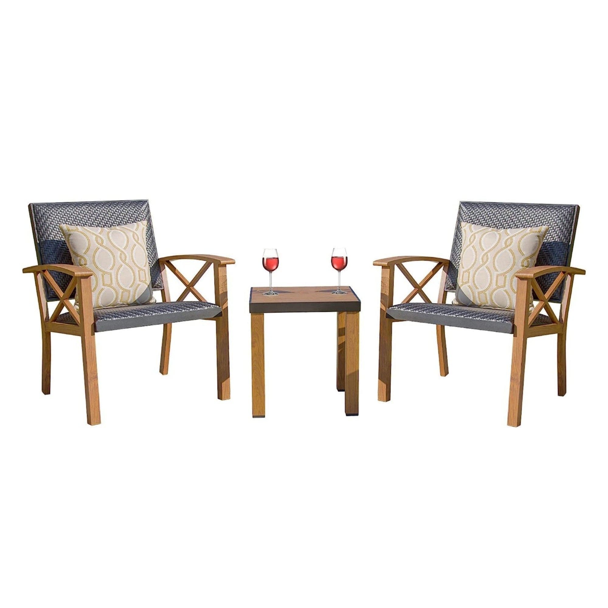 Patio Bistro Set 3 Pieces with Wood Grain Aluminum Wicker Padded Porch Chairs,Coffee Table,Outdoor Conversation Set with Beige Sunbrella Pillows(1Table+2 Chairs)