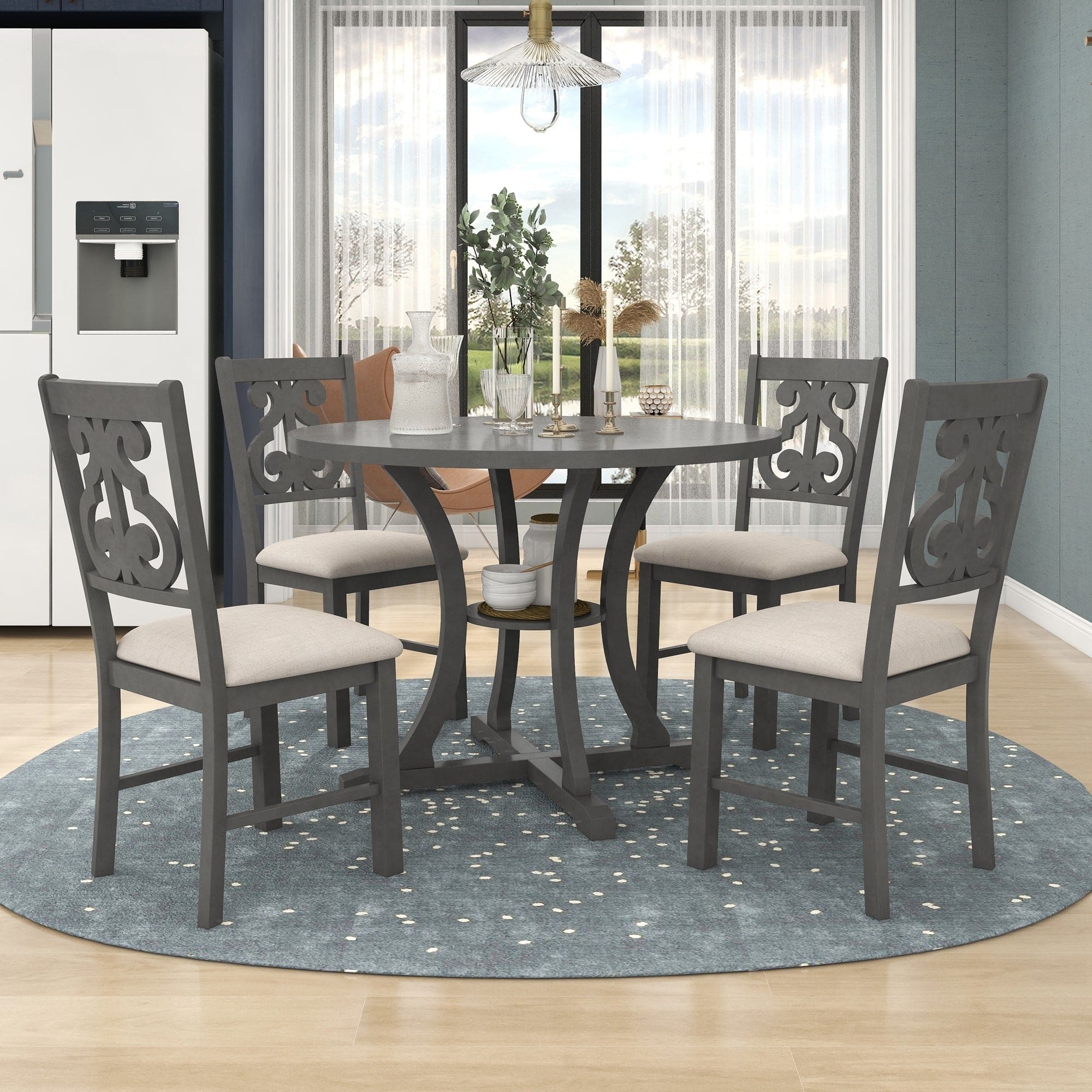 TREXM 5-Piece Round Dining Table and Chair Set with Special-shaped Legs and an Exquisitely Designed Hollow Chair Back for Dining Room (Gray)