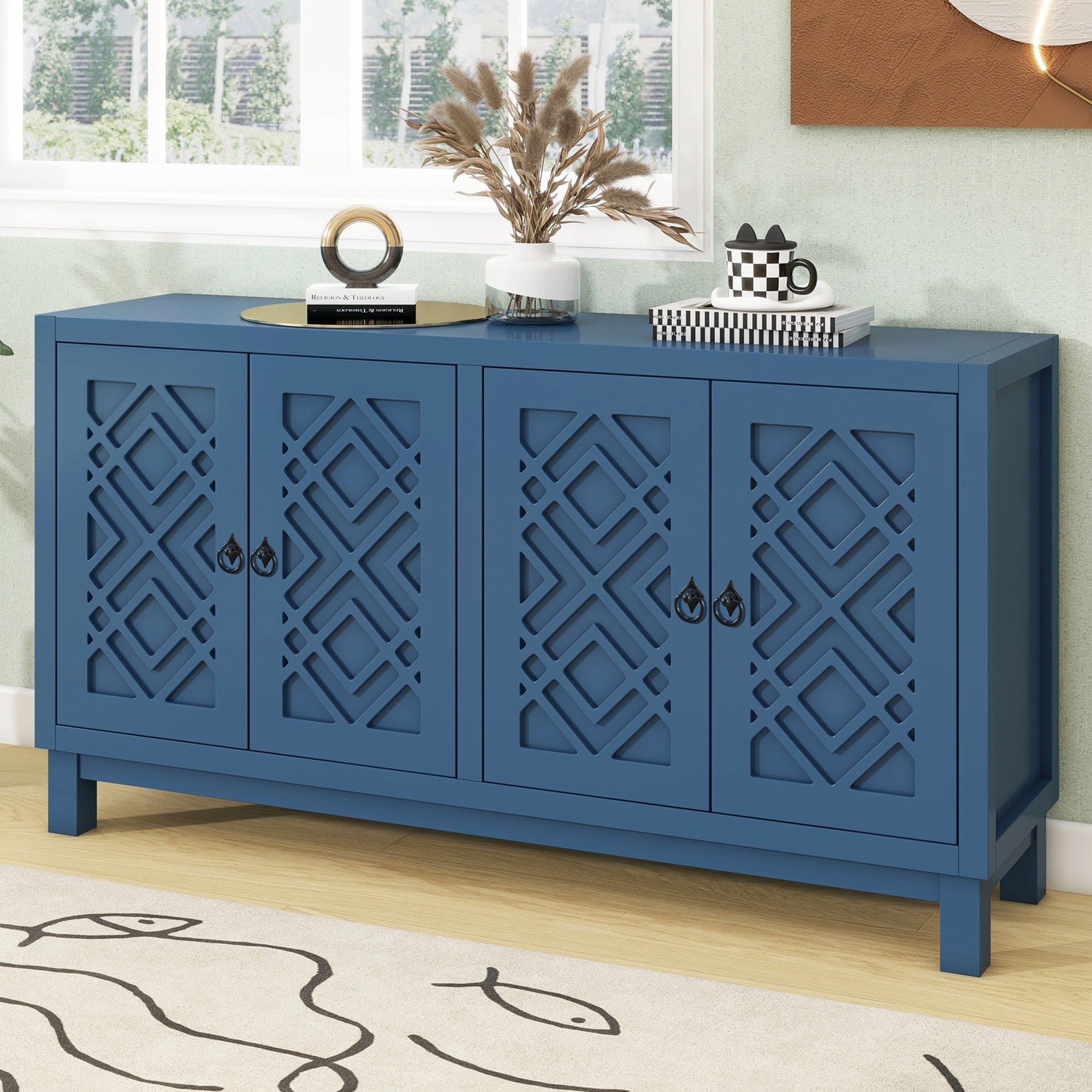 TREXM Large Storage Space Sideboard, 4 Door Buffet Cabinet with Pull Ring Handles for Living Room, Dining Room (Navy)