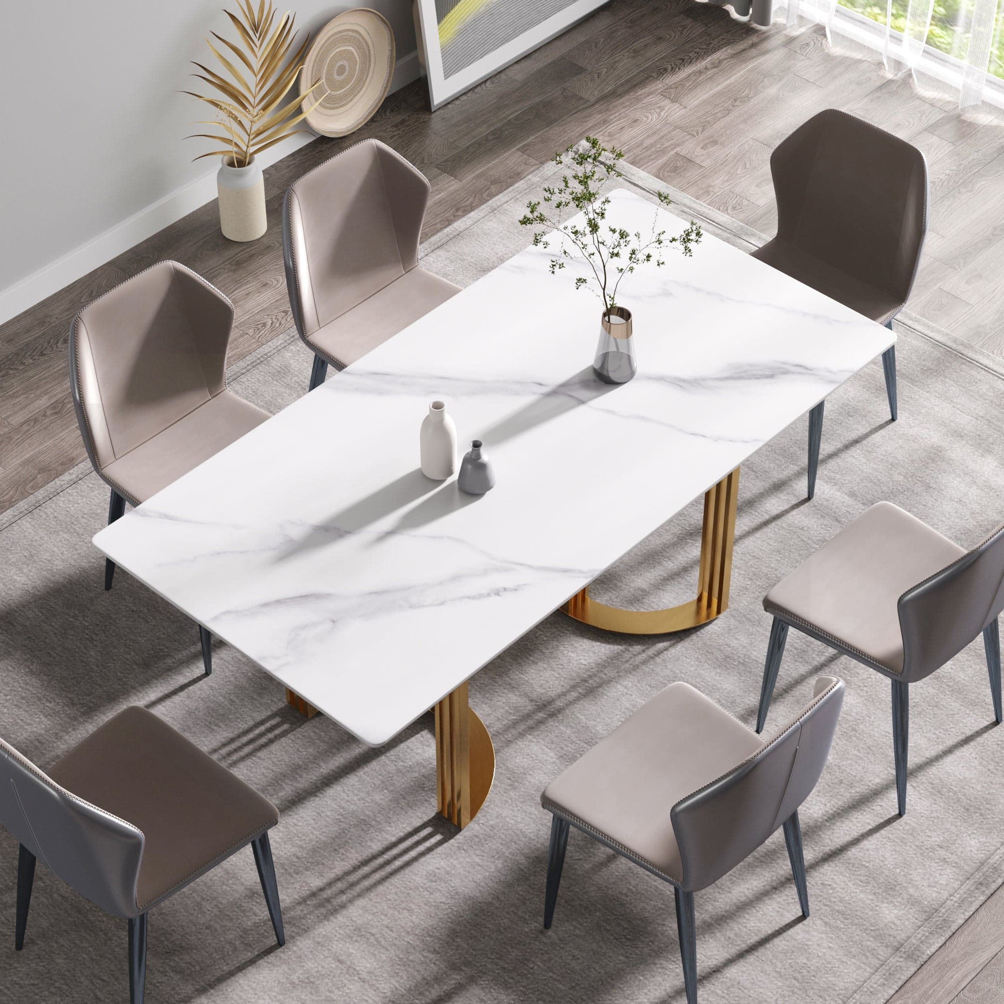 70.87" modern artificial stone white straight edge golden metal leg dining table-can accommodate 6-8 people