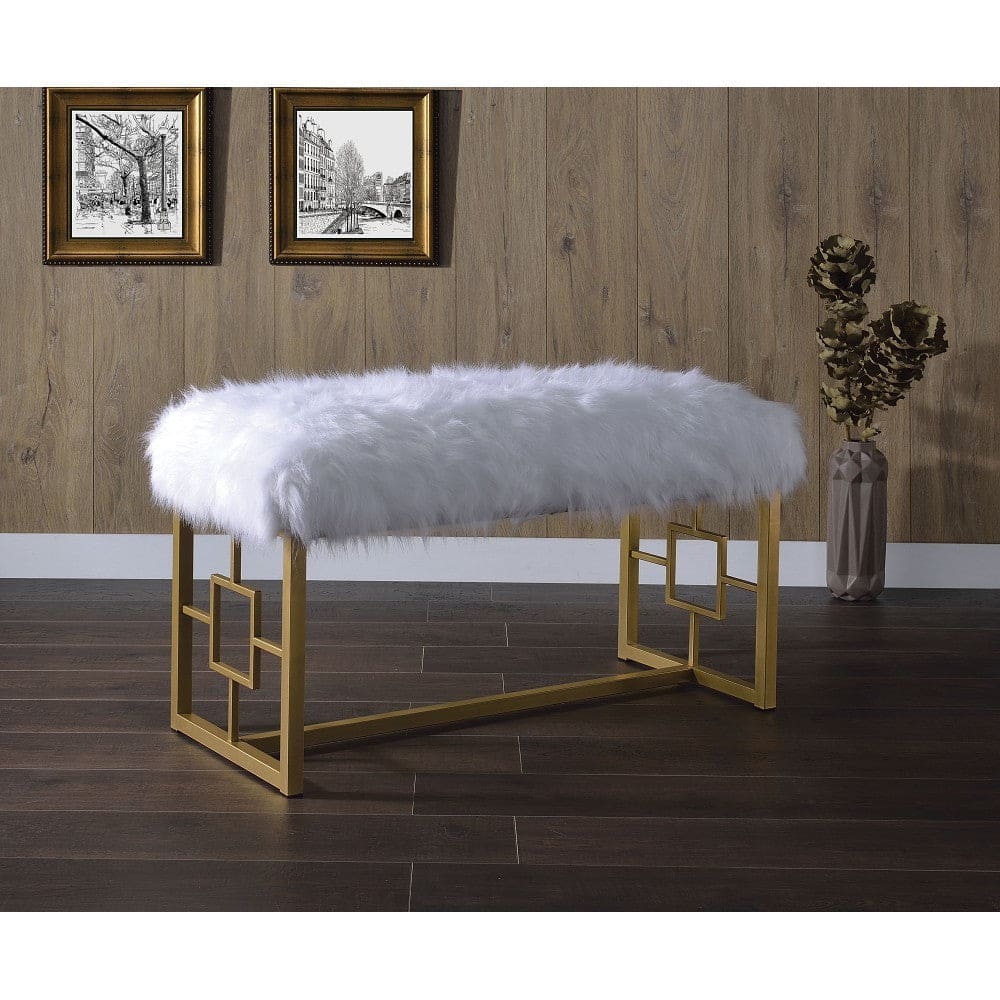 ACME Bagley II Bench in White Faux Fur & Gold 96451