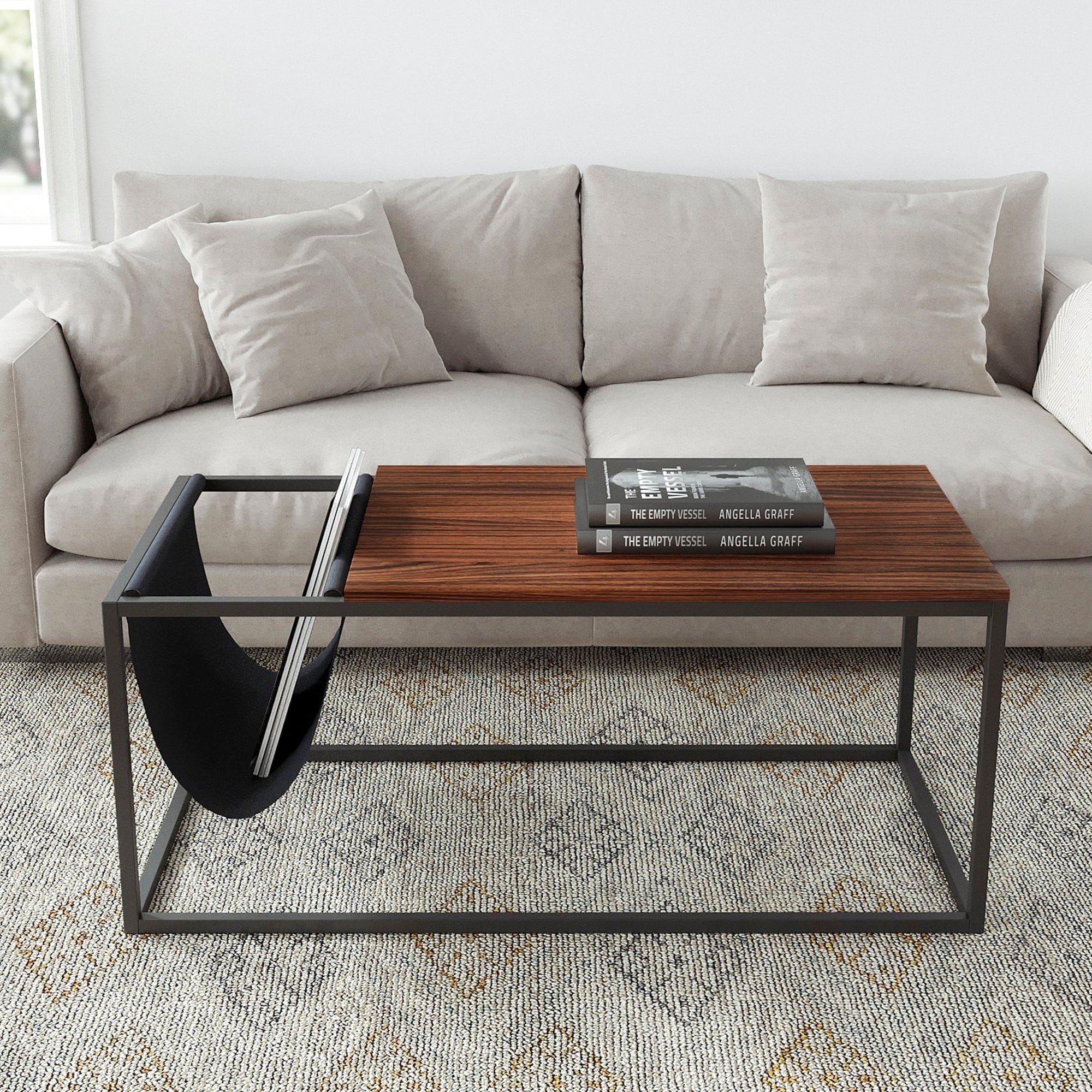 Riley Indoor  Walnut Sofa Table with Metal Frame and Canvas Hanger