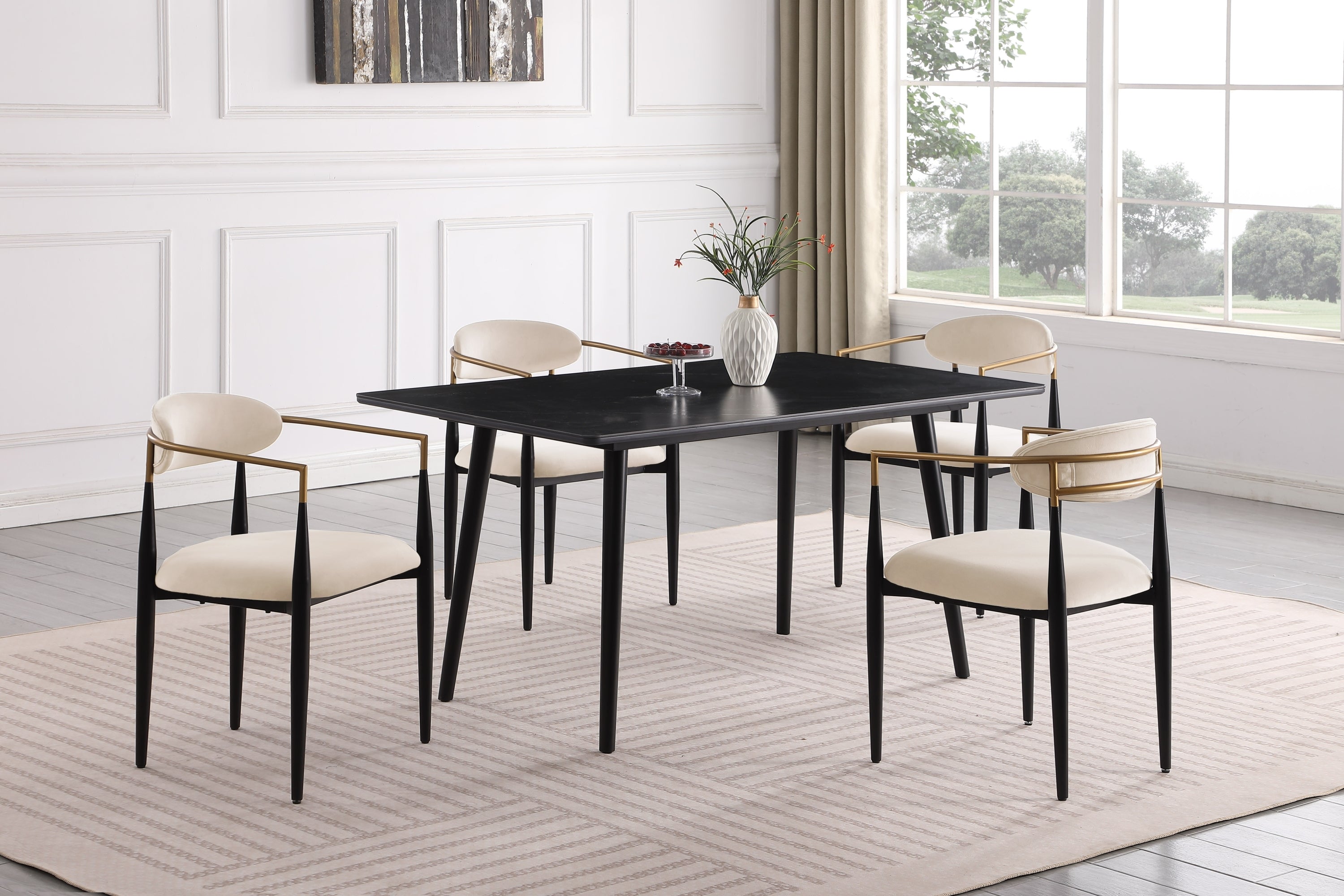 Modern Contemporary 5pc Dining Set Black Sintered Stone Table and Taupe Chairs Fabric Upholstered Stylish Furniture