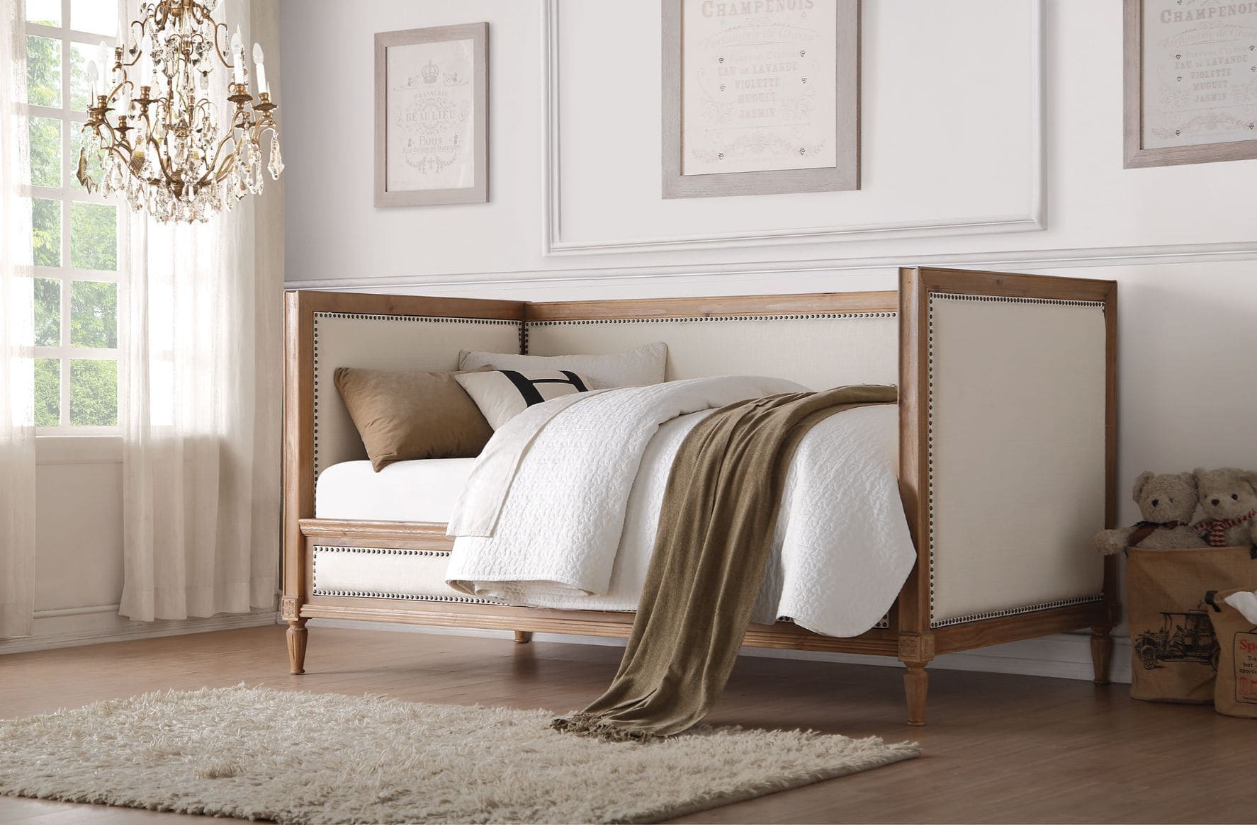 ACME Charlton Daybed (Twin Size) in Cream Linen & Salvage Oak 39175