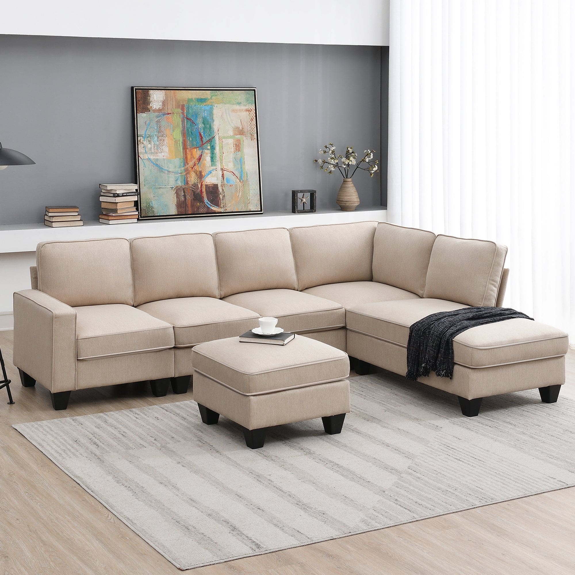 [VIDEO provided] [New] 104.3*78.7" Modern L-shaped Sectional Sofa,7-seat Linen Fabric Couch Set with Chaise Lounge and Convertible Ottoman for Living Room,Apartment,Office,3 Colors