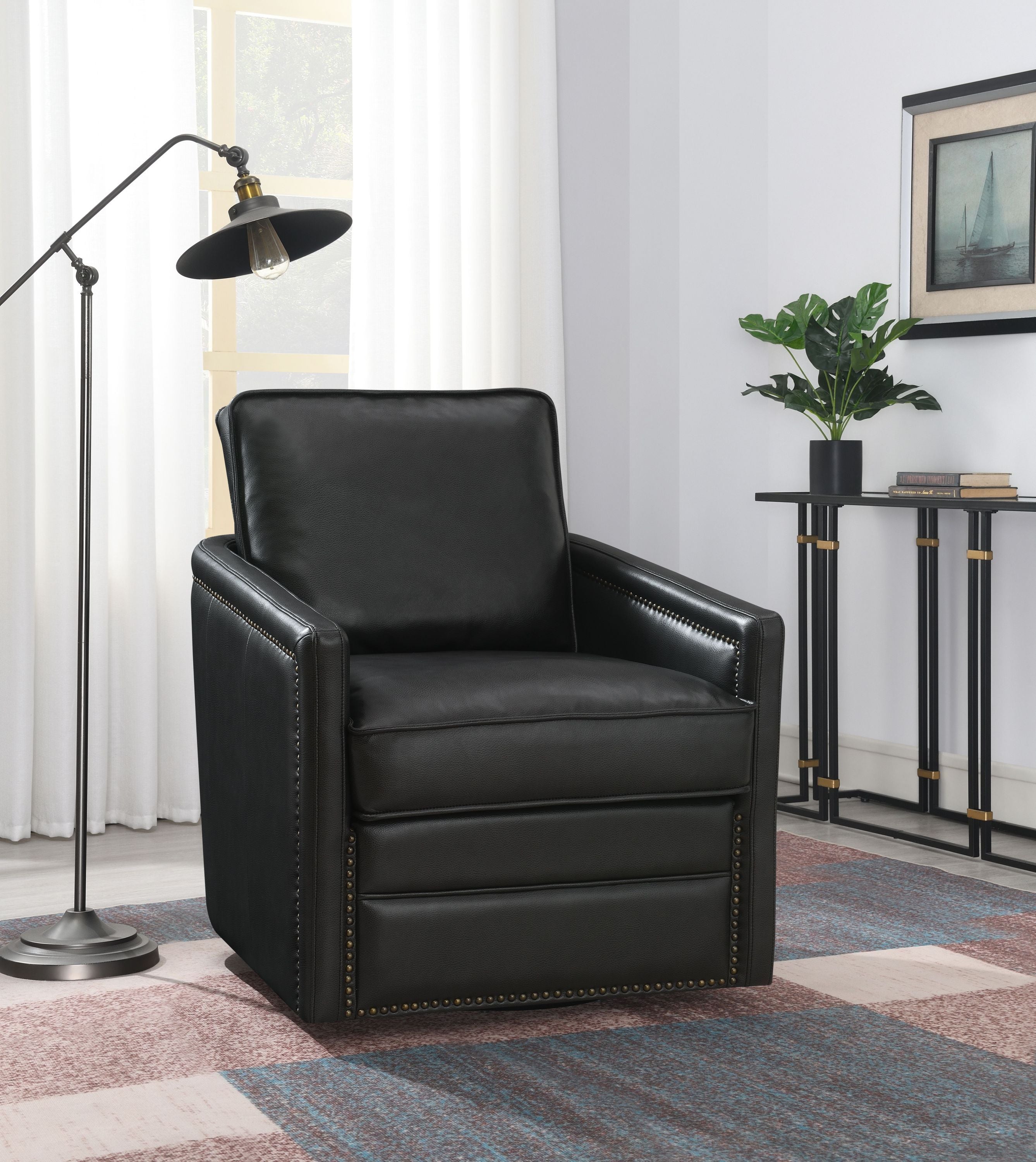 ACME Rocha Accent Chair w/Swivel, Black Leather Aire AC01885