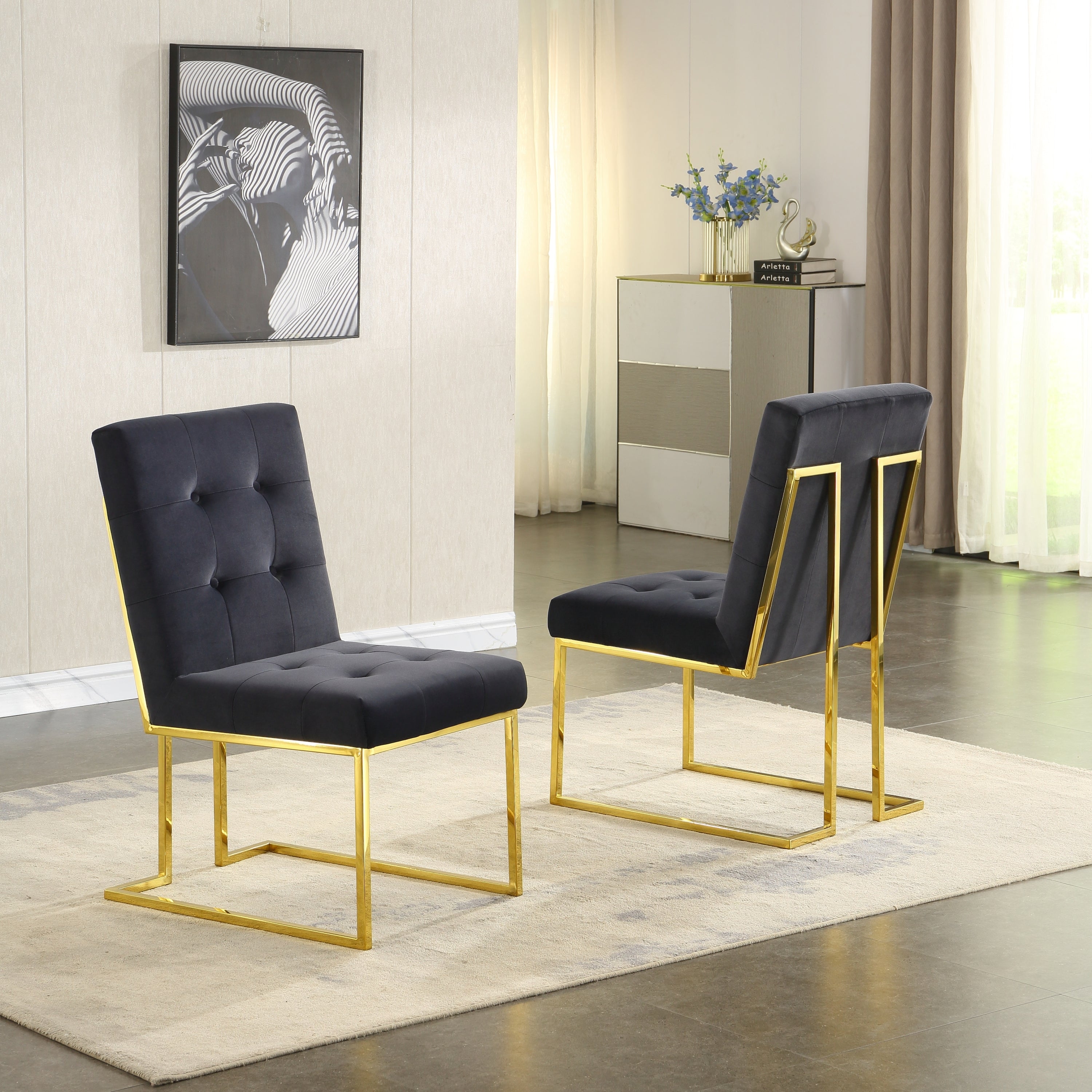 Modern Velvet Dining Chair Set of 2, Tufted Design and Gold Finish Stainless Base