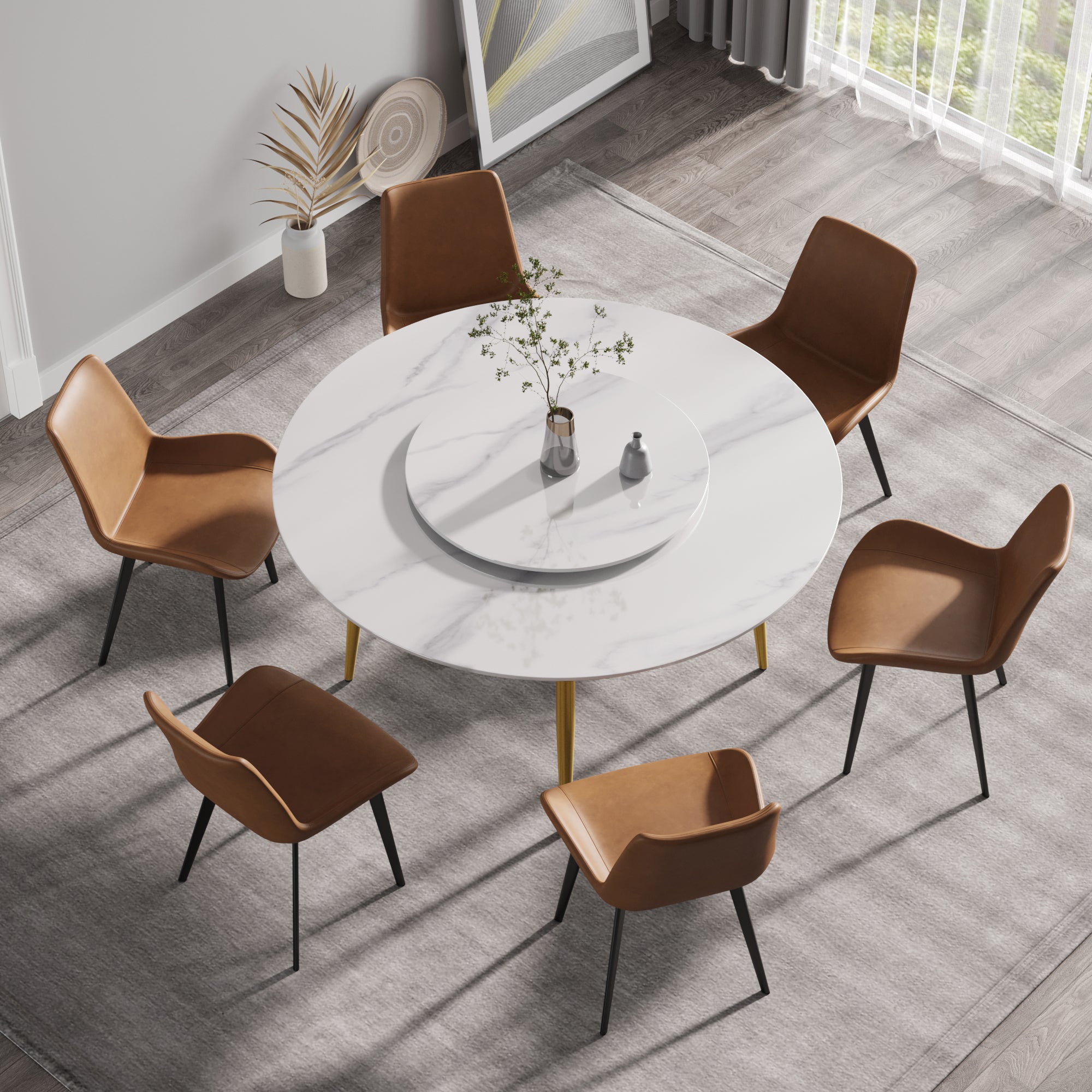 59.05"Modern artificial stone round golden metal dining table-can accommodate 6 people-31.5"white artificial stone turntable