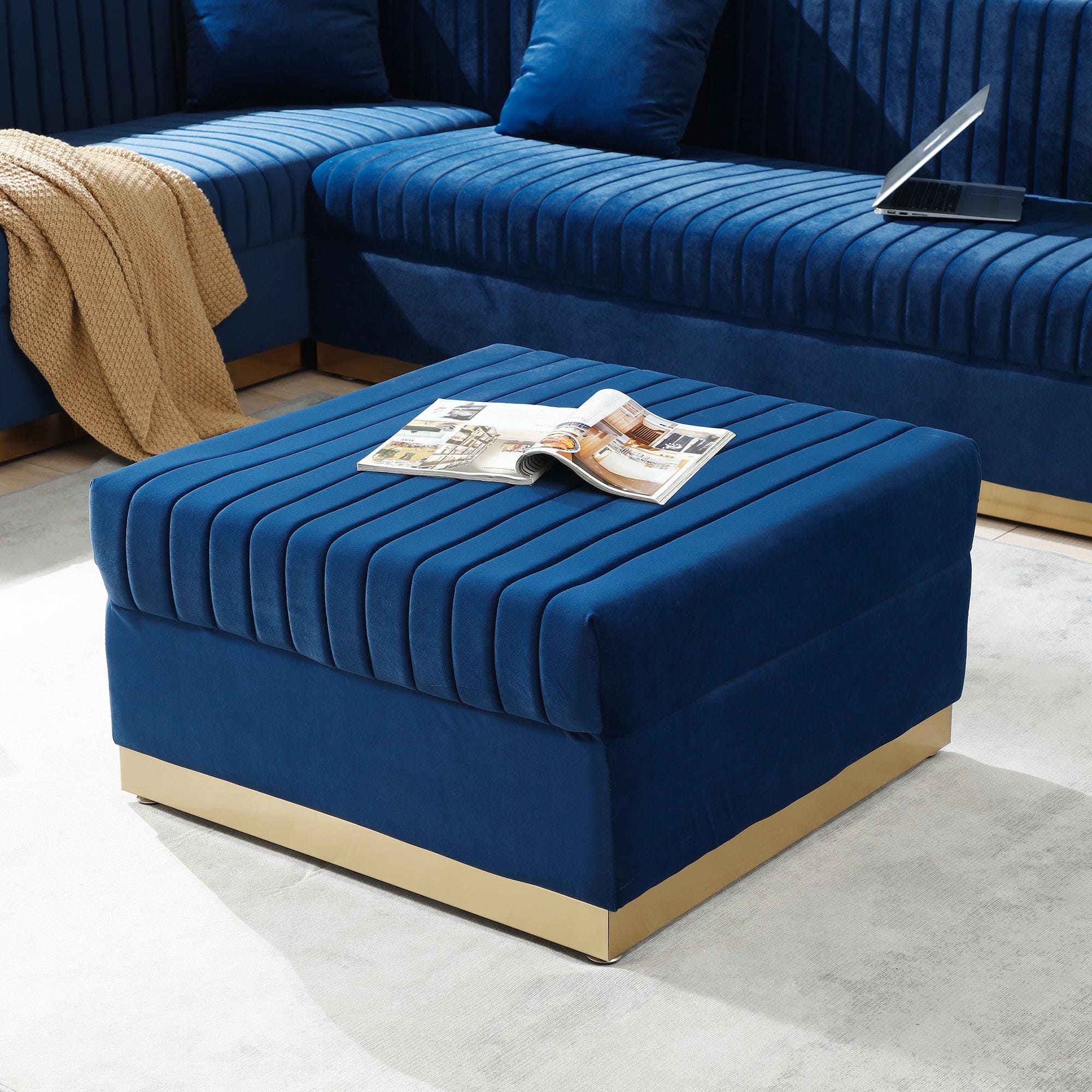 Contemporary Vertical Channel Tufted Velvet Big Size Ottoman Modern Upholstered Foot Rest for Living Room Apartment,Blue