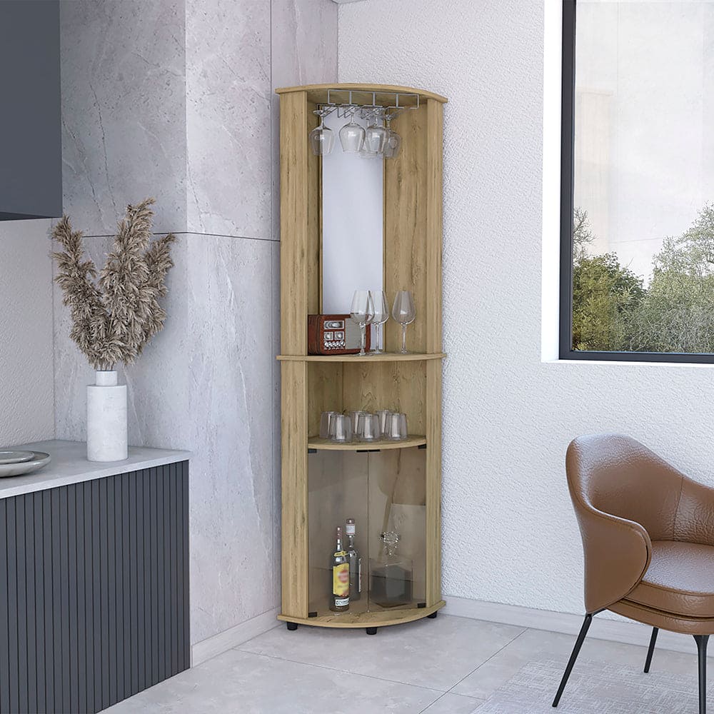 Corner Bar Cabinet Rialto, Three Shelves, Macadamia Finish