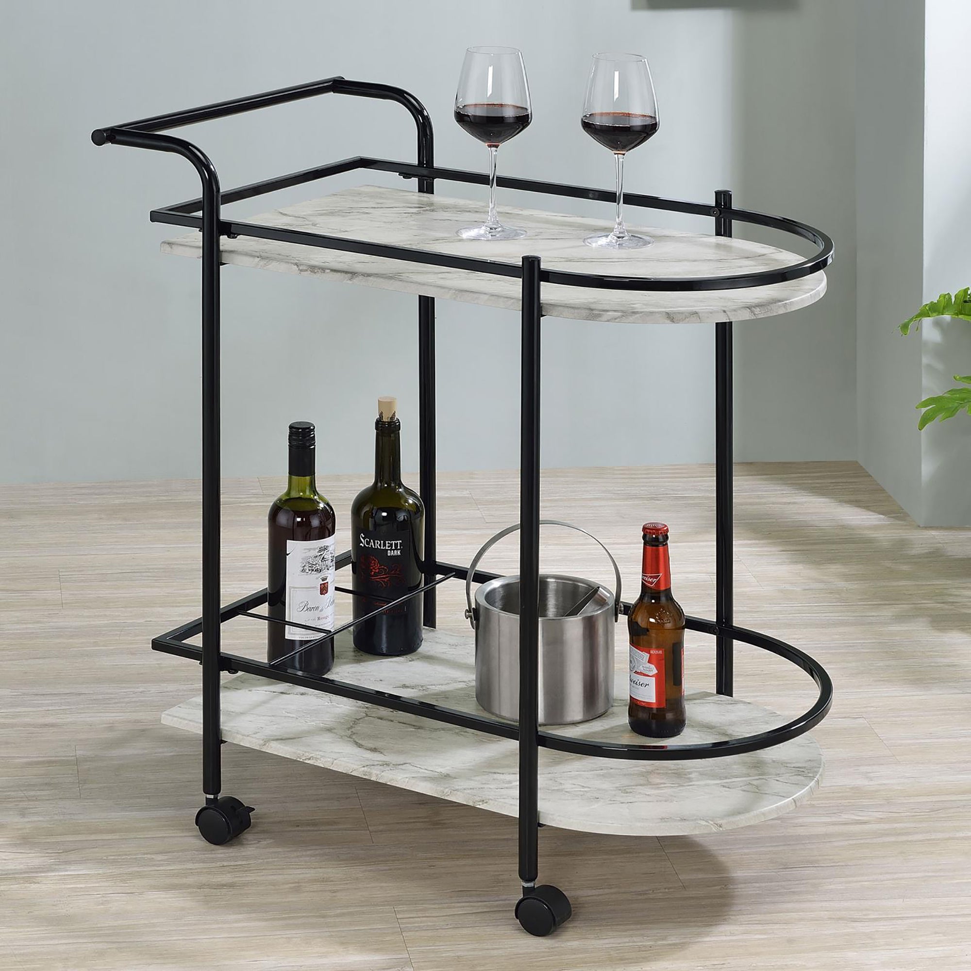 Chaveaut Black and Faux White Marble Serving Cart with Wine Rack