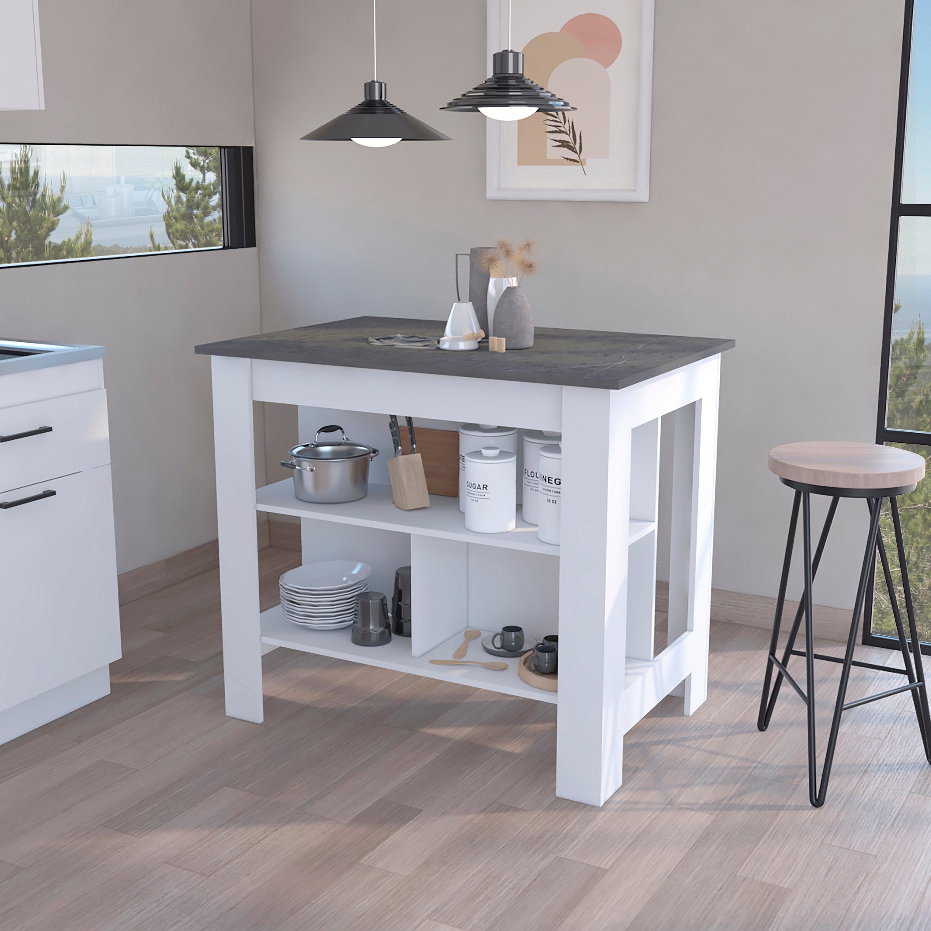 Kitchen Island Dozza, Three Shelves, White / Onyx Finish