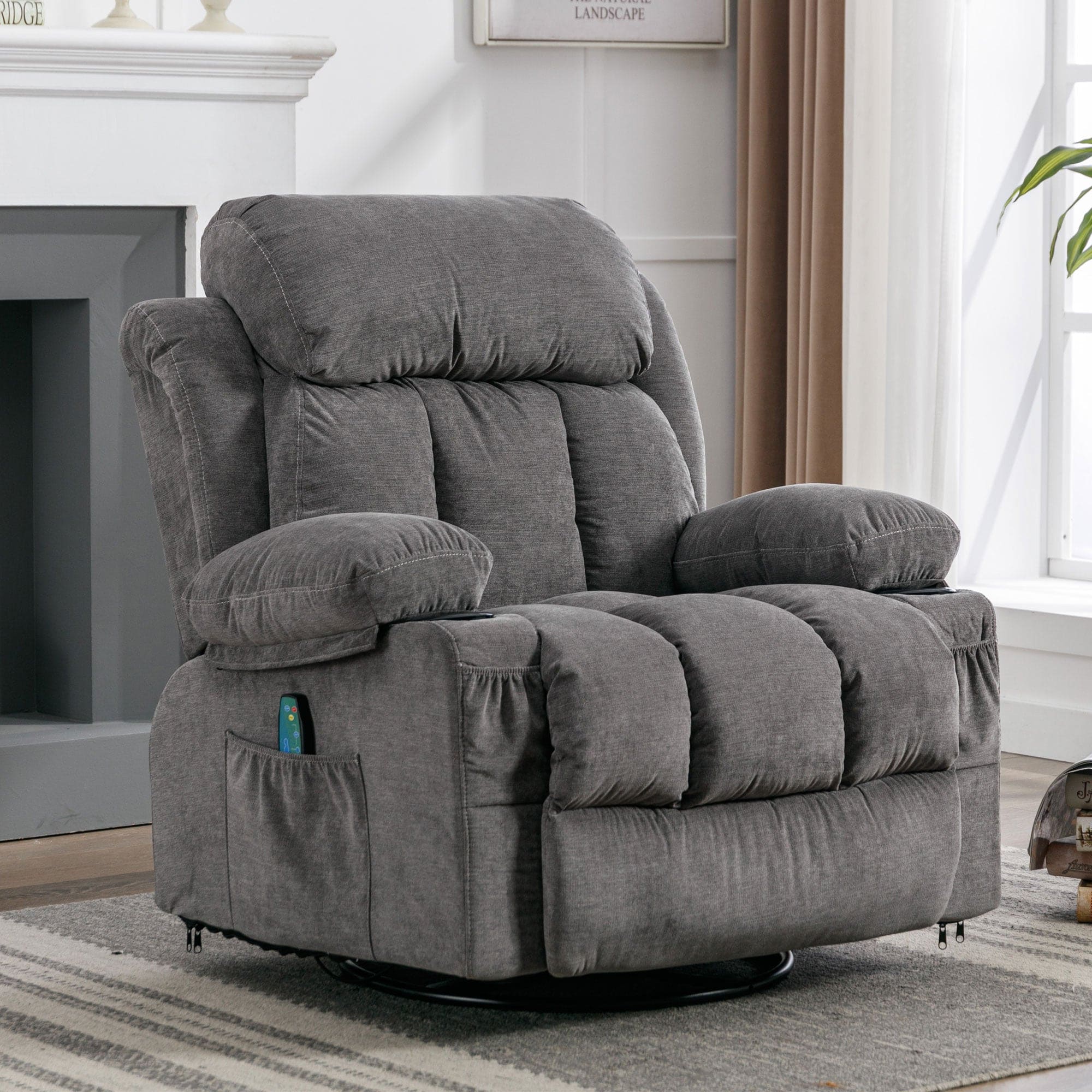 Vanbow.Swinging recliner massage heated sofa, with USB and 2 cup holders in side pockets, Package A and B (gray velvet)