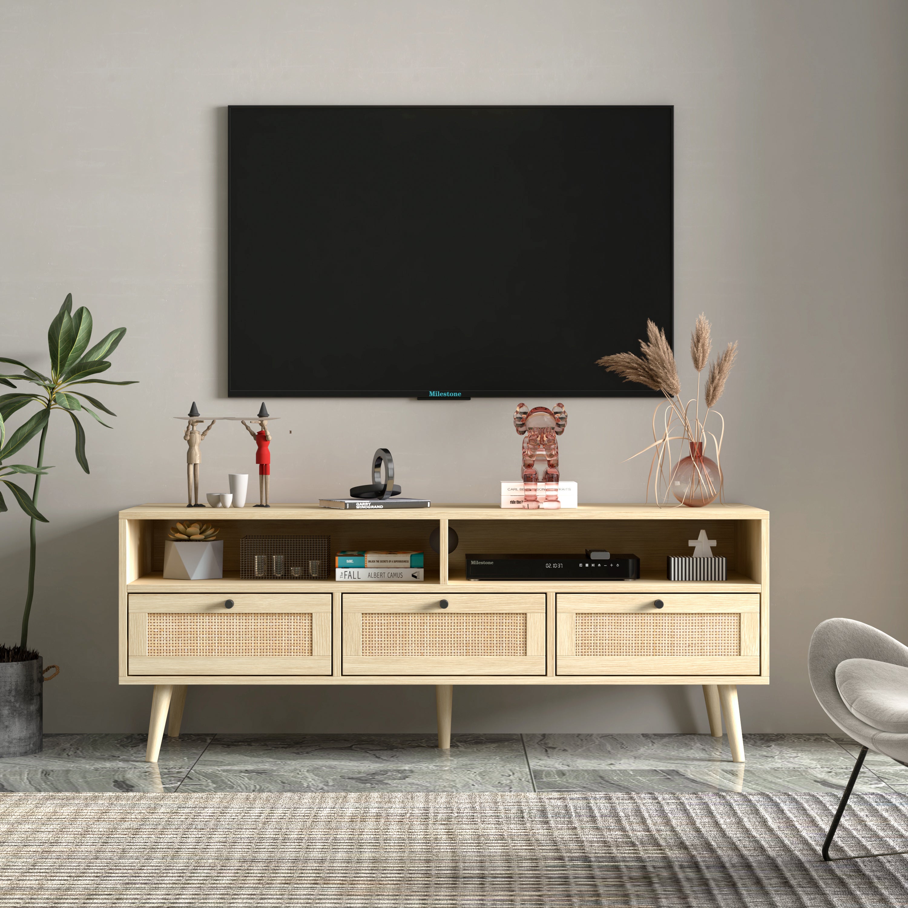 Rattan TV Stand with Solid Wood Feet, TV Console Table for Living Room, Natural