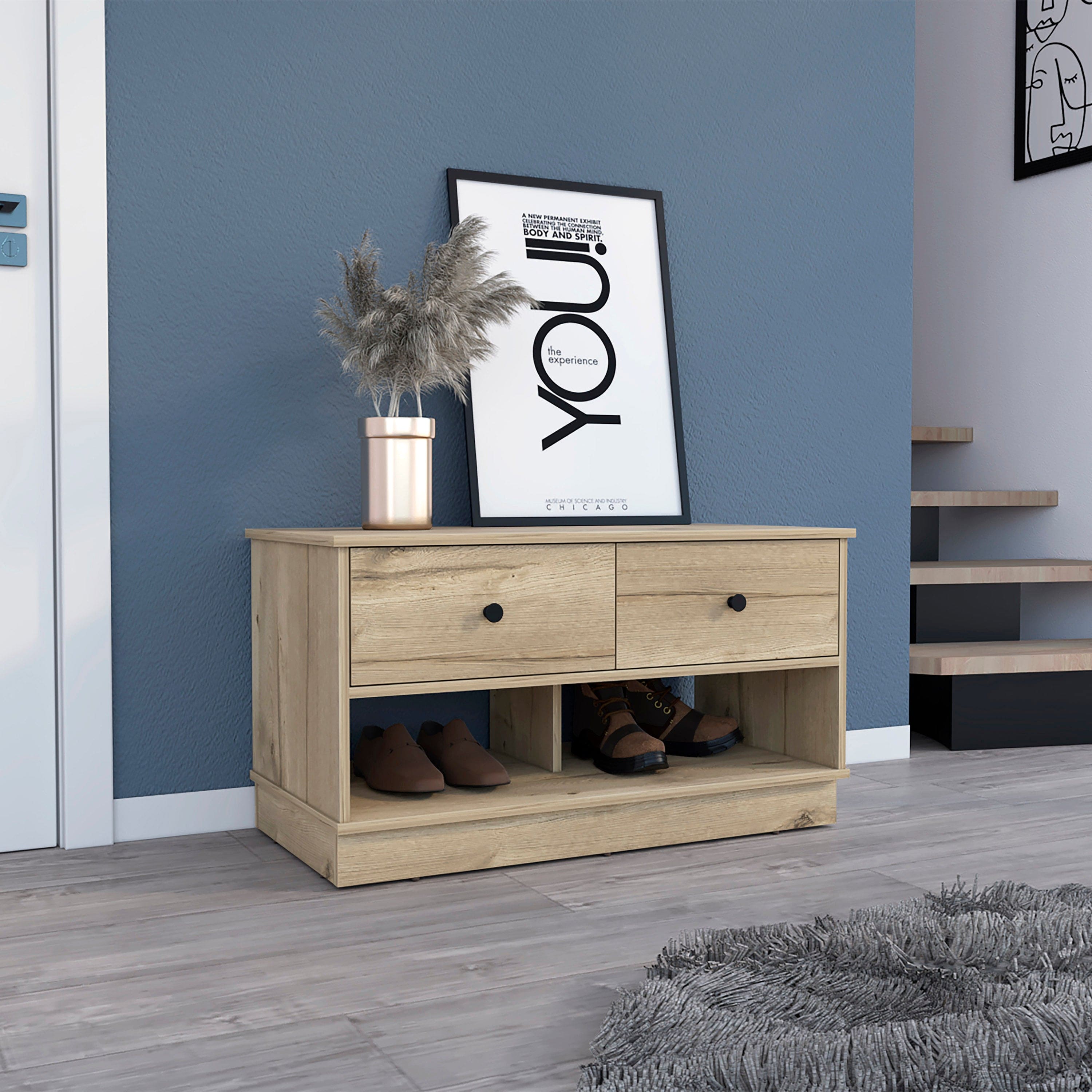 Storage Bench Beji, Lower Shelf, Two Drawers, Light Oak Finish