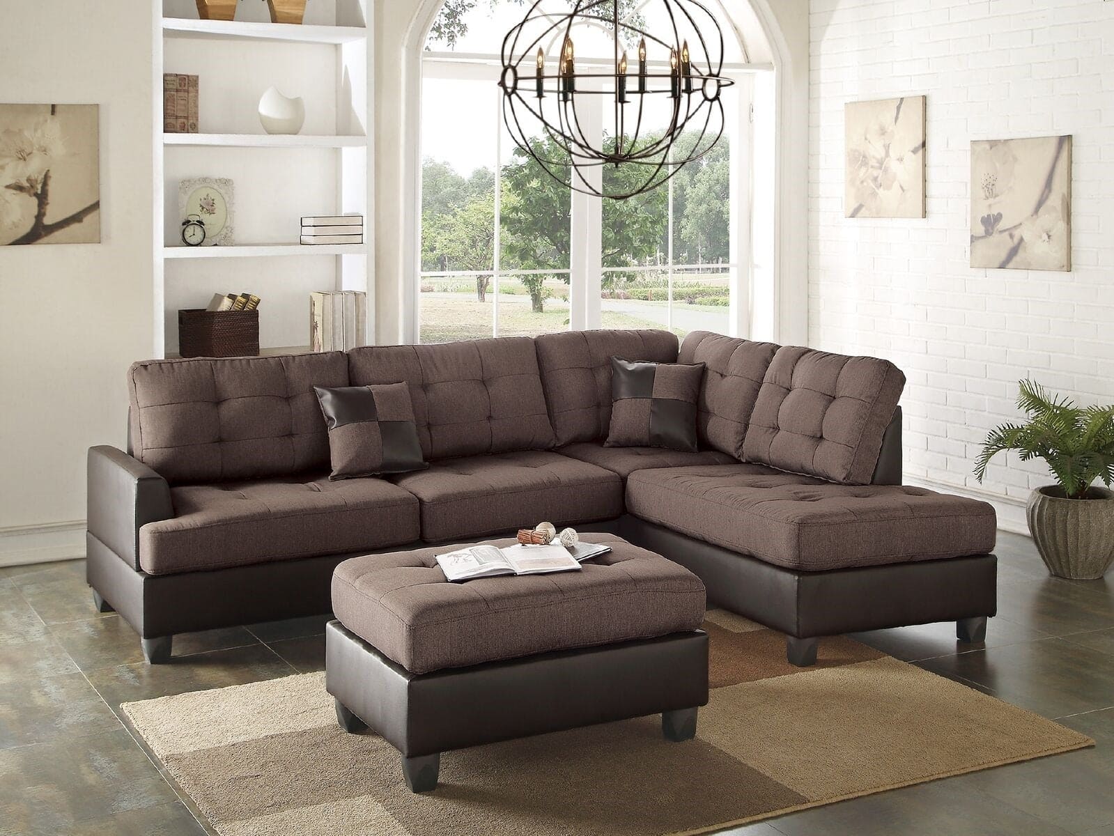 Sectional Sofa Chocolate Polyfiber Cushion Tufted Reversible 3pc Sectional Sofa, Chaise  Ottoman Living Room Furniture