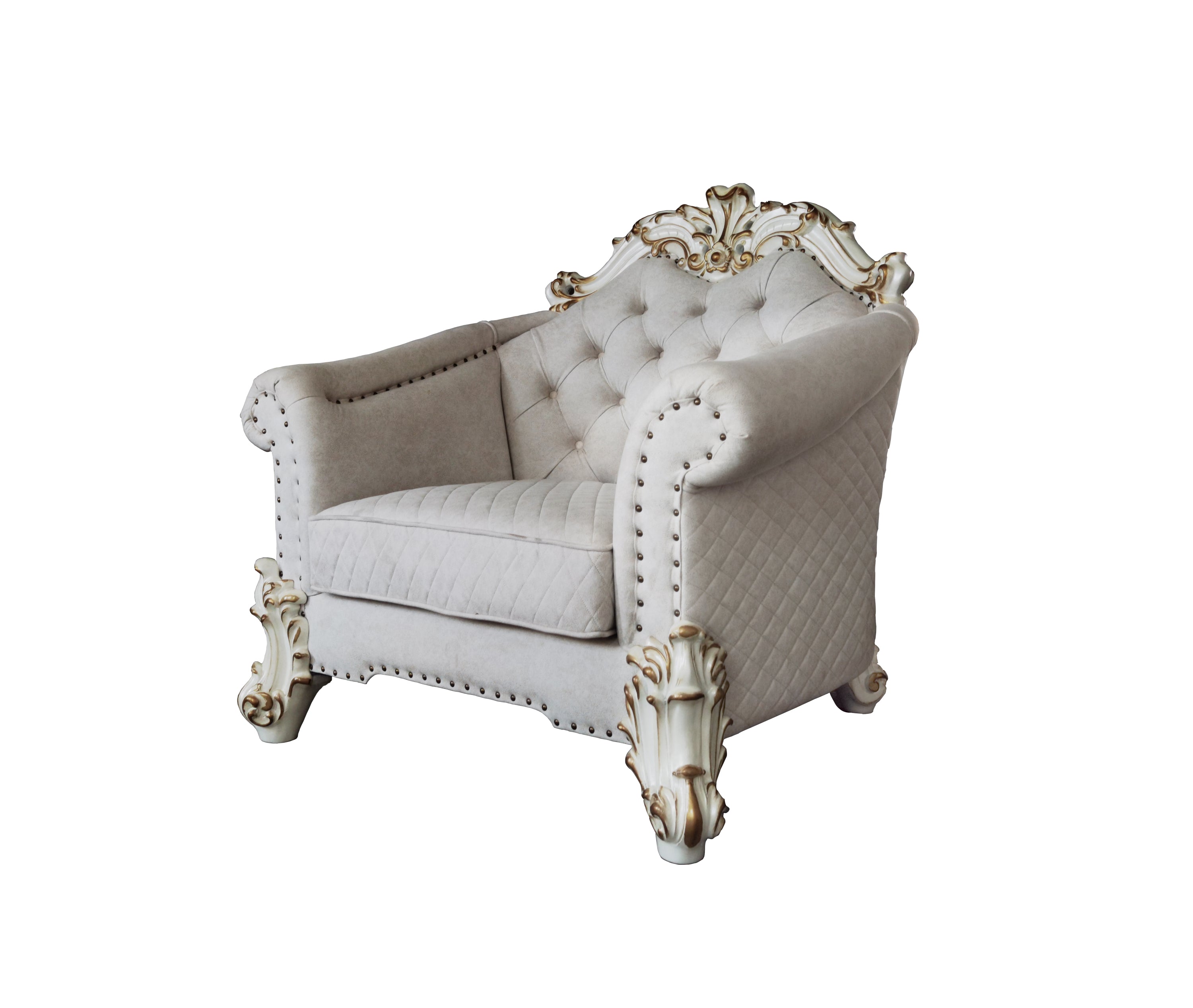 ACME Vendom II Chair w/2 Pillows, Two Tone Ivory Fabric & Antique Pearl Finsih LV01331