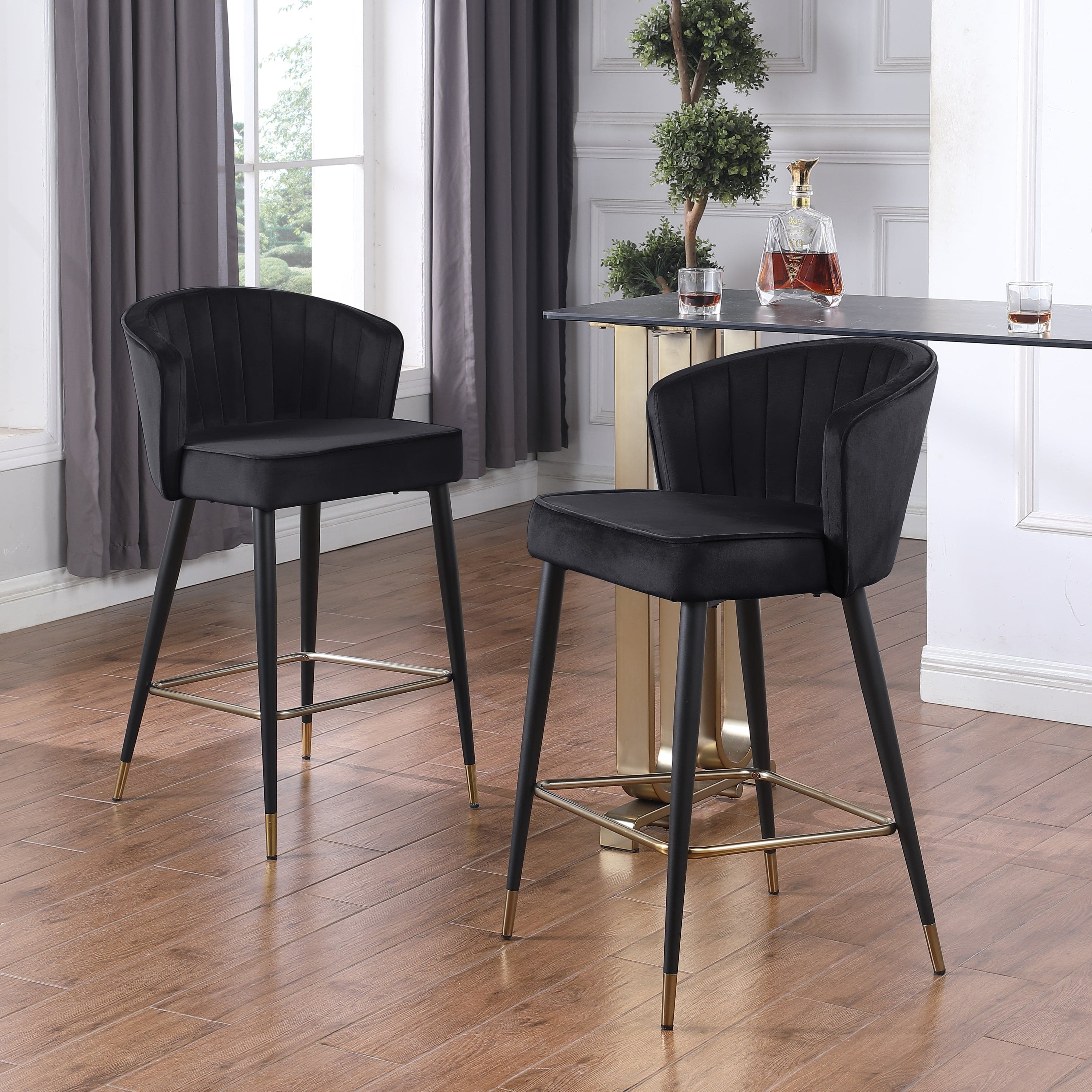 Contemporary Velvet Upholstered Counter Height Stool with Deep Channel Tufting and Gold Tipped, Black Metal Legs, 20" W x 21" D x 36.5" H, Black