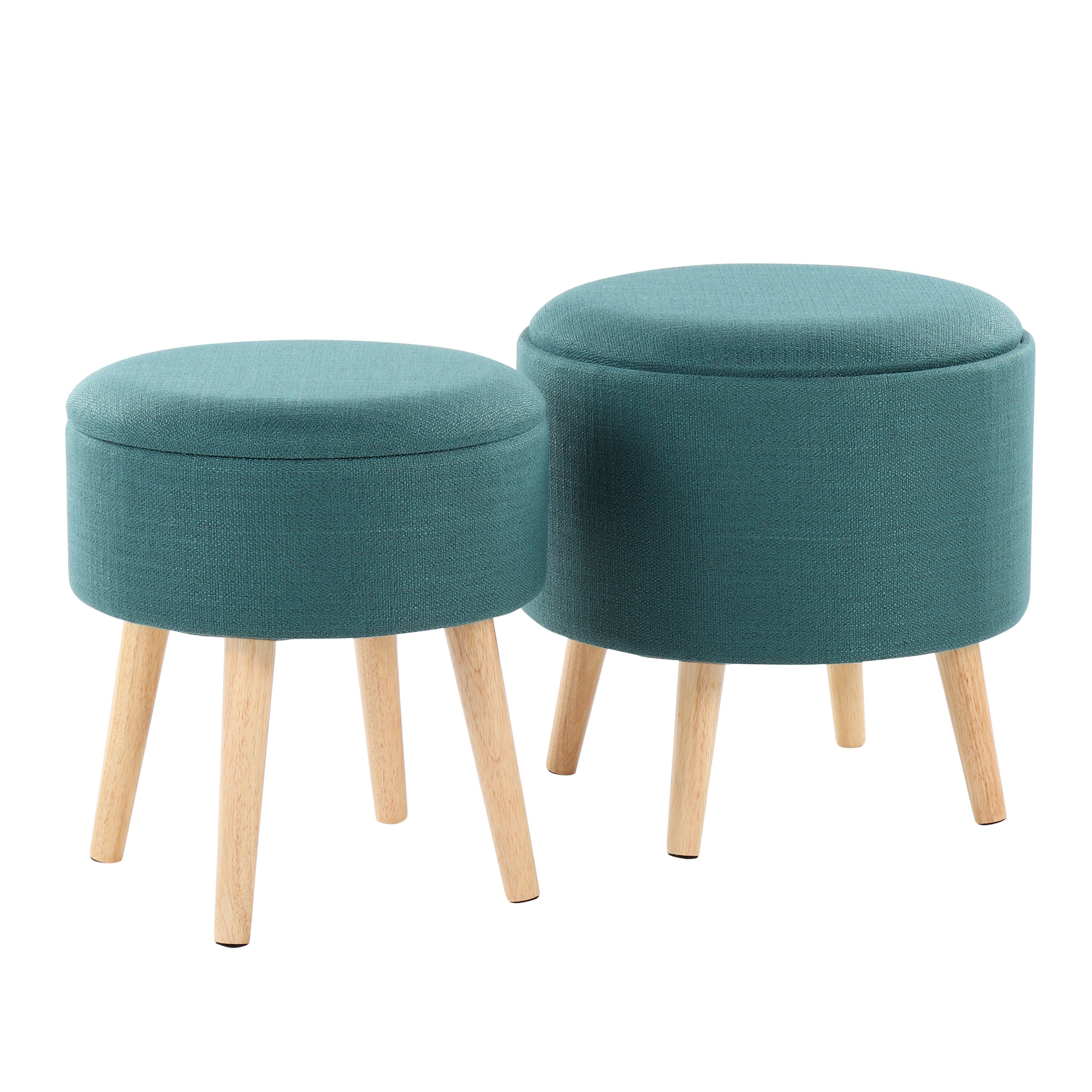 Tray Contemporary Storage Ottoman with Matching Stool in Teal Fabric and Natural Wood Legs by LumiSource