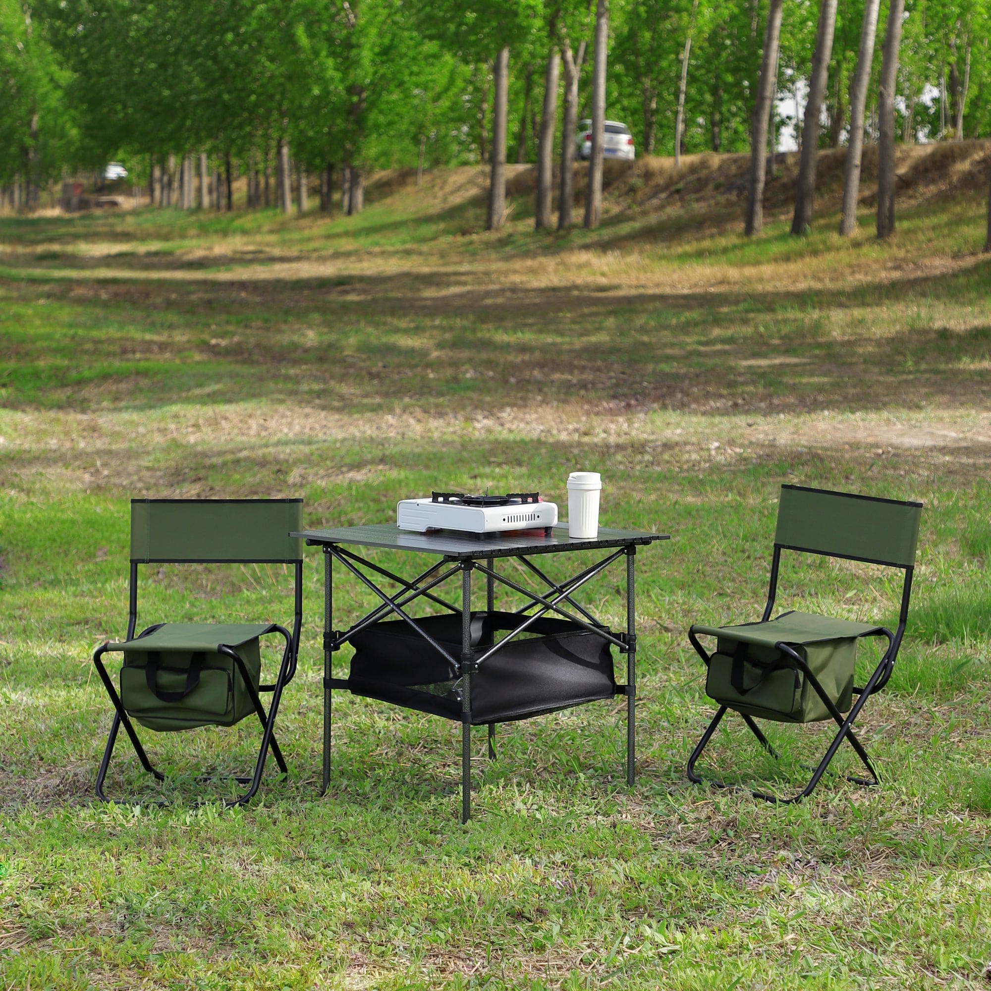 Set of 3, Folding Outdoor Table and Chairs Set for Indoor, Outdoor Camping, Picnics, Beach,Backyard, BBQ, Party, Patio, Black/Green