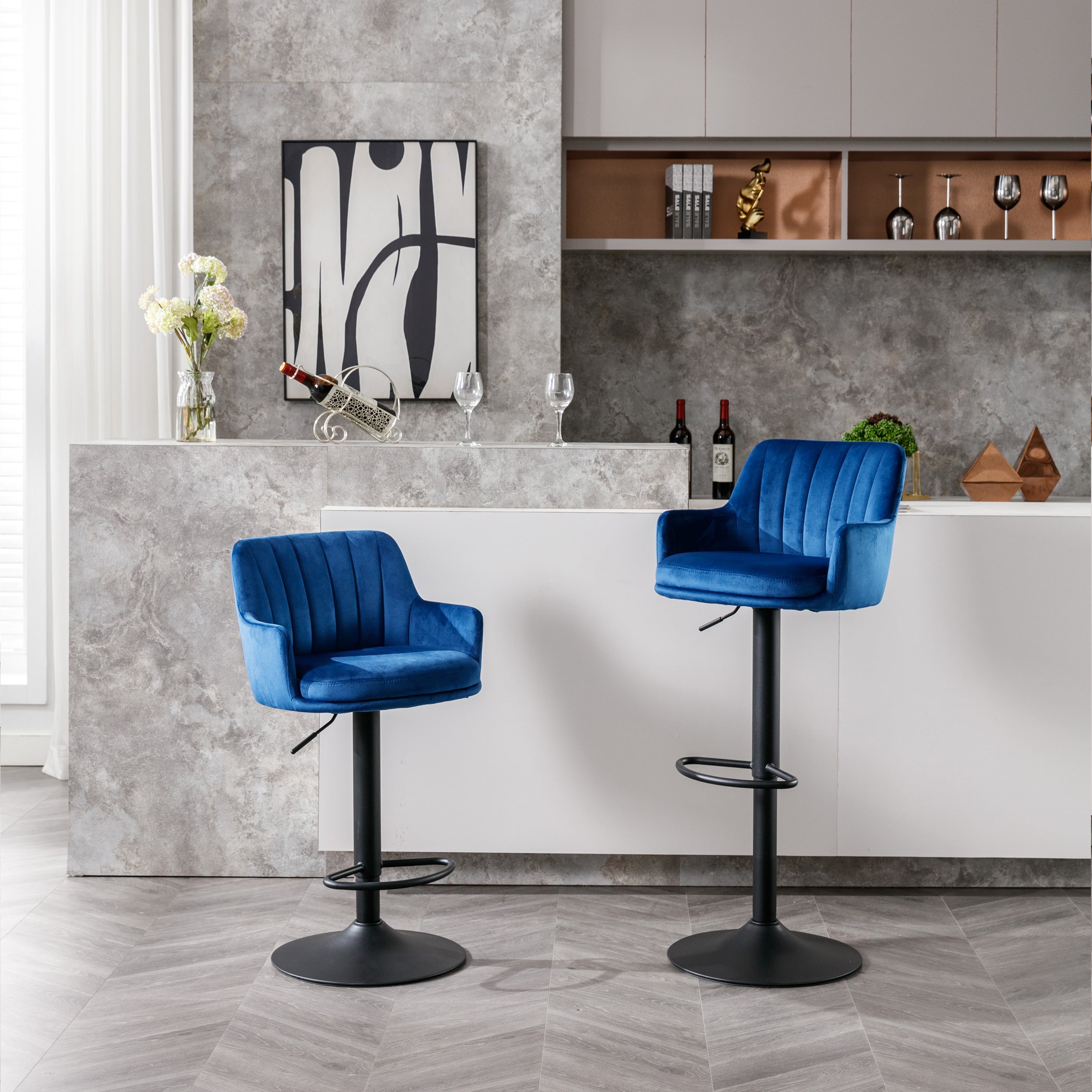 Bar Stools Set of 2 - Adjustable Barstools with Back and Footrest, Counter Height Bar Chairs for Kitchen, Pub -Blue