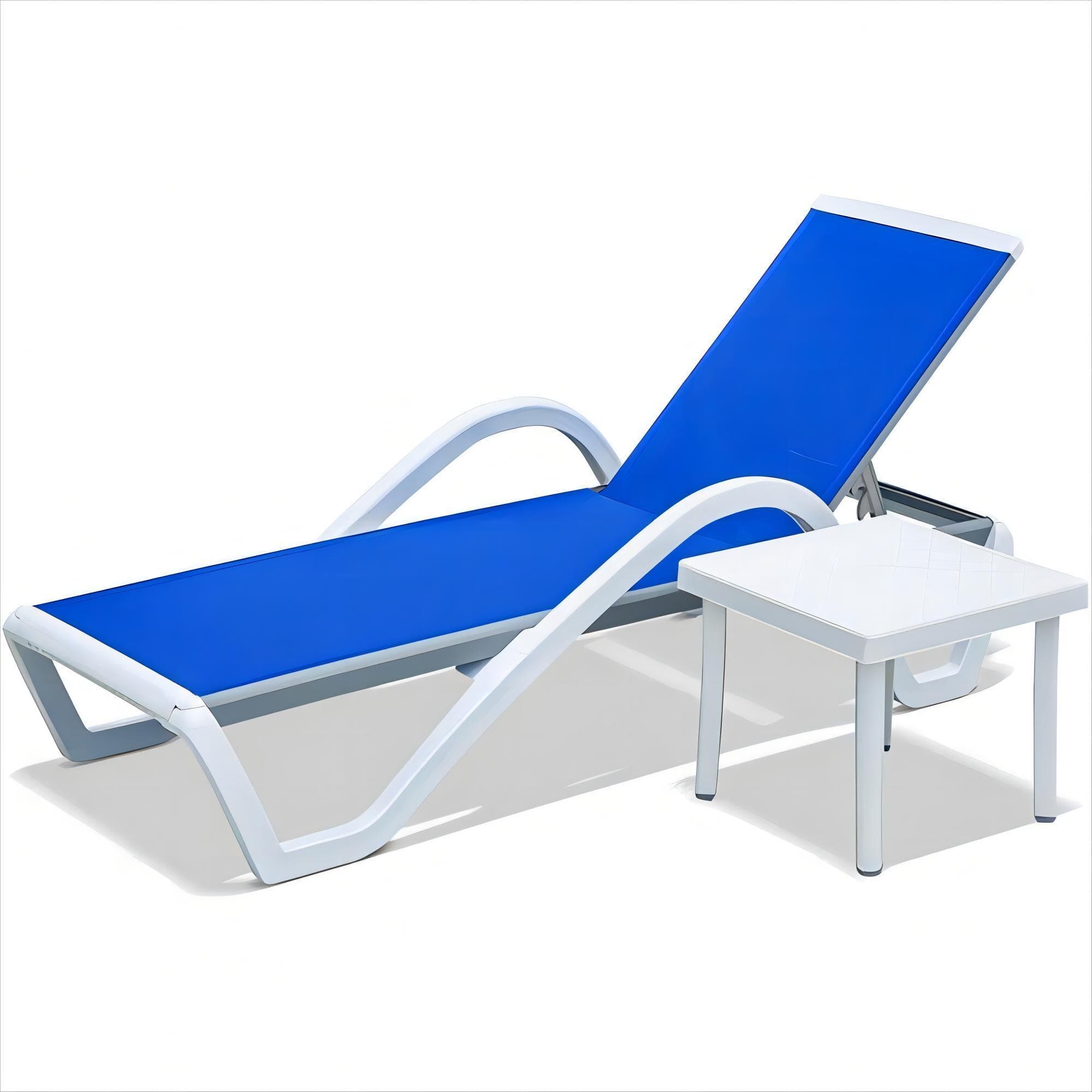 Patio Chaise Lounge Adjustable Aluminum Pool Lounge Chairs with Arm All Weather Pool Chairs for Outside,in-Pool,Lawn (Blue, 1 Lounge Chair+1 Plastic Table)