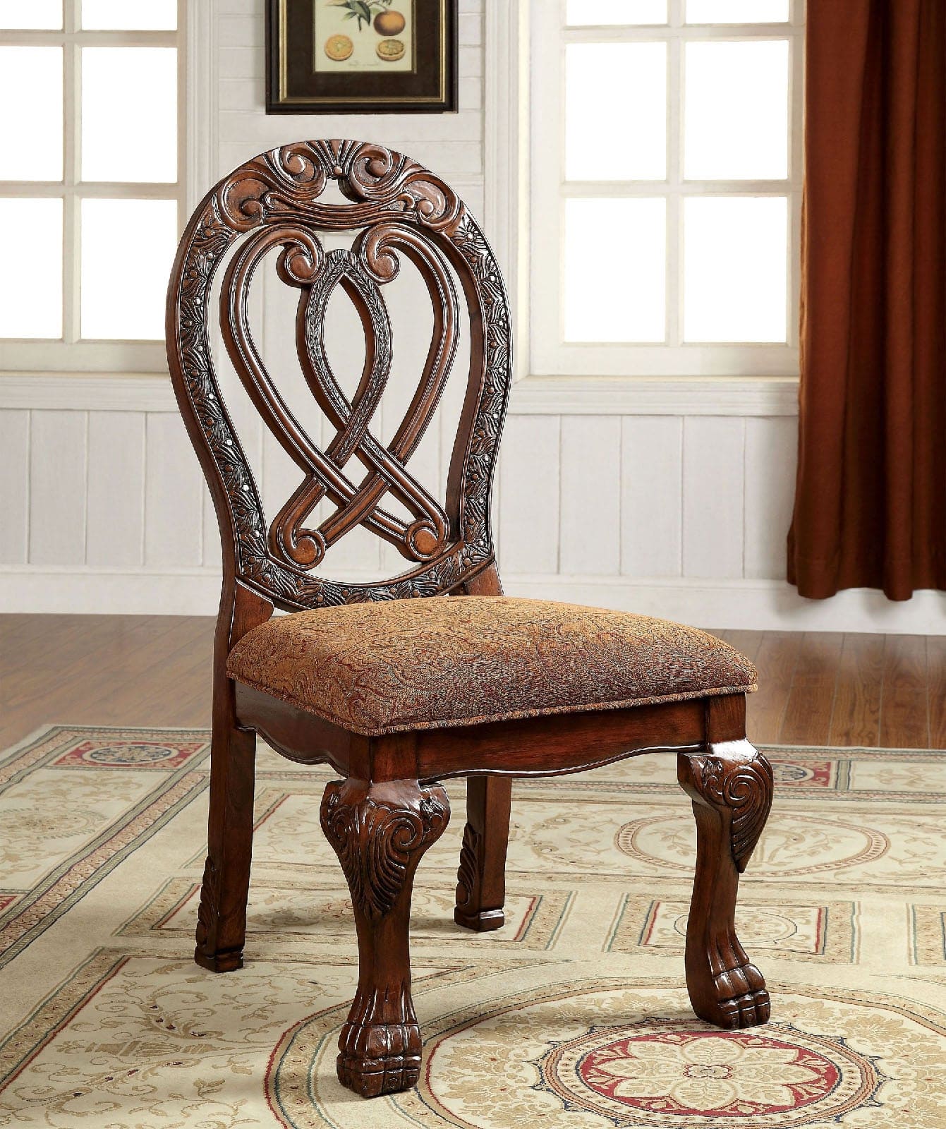 Formal Majestic Traditional Dining Chairs Cherry Solid wood Fabric Seat Intricate Carved Details Set of 2 Side Chairs