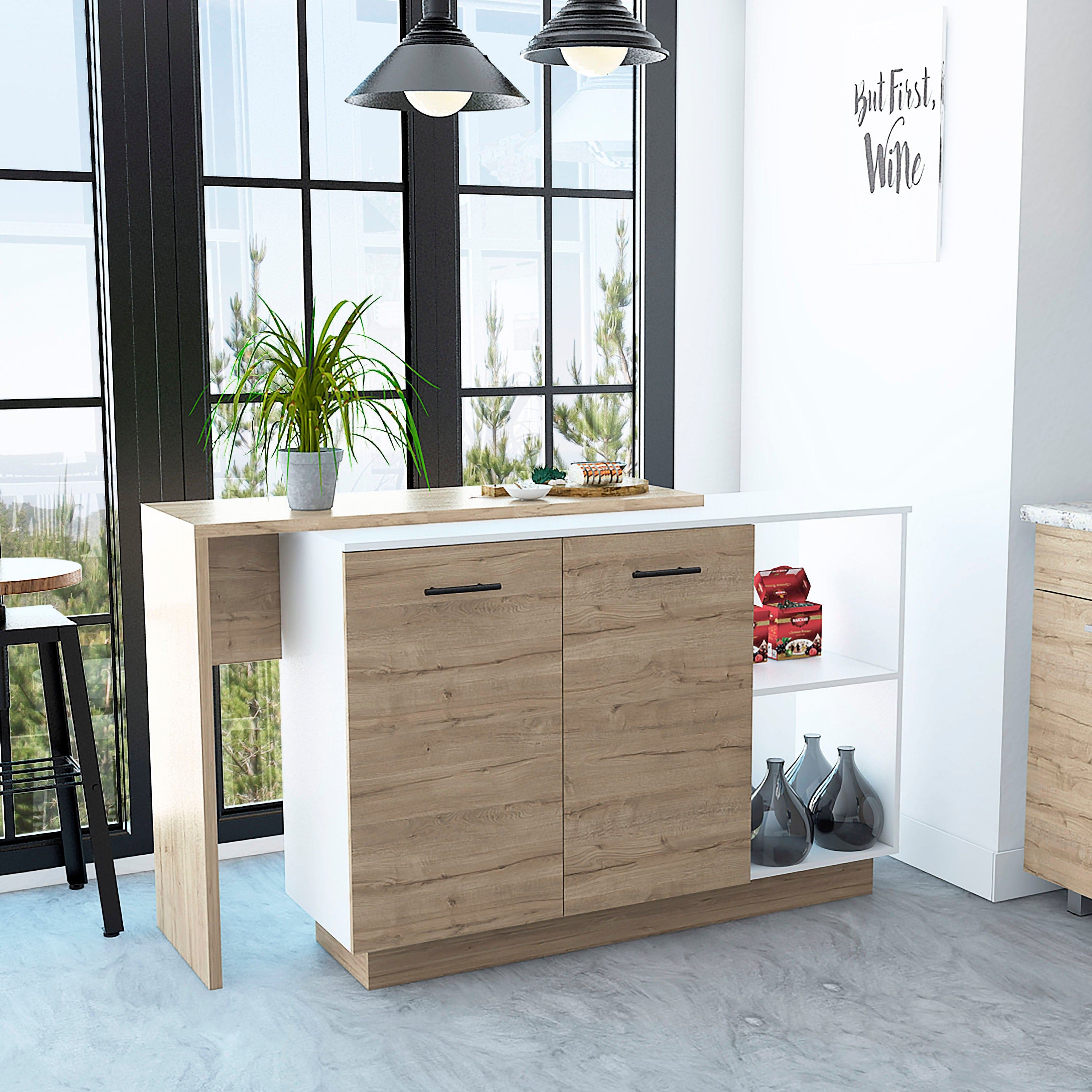 Sicilia Kitchen Island, Two  External Shelves, Double Door Cabinets, Three Shelves -White / Light Oak