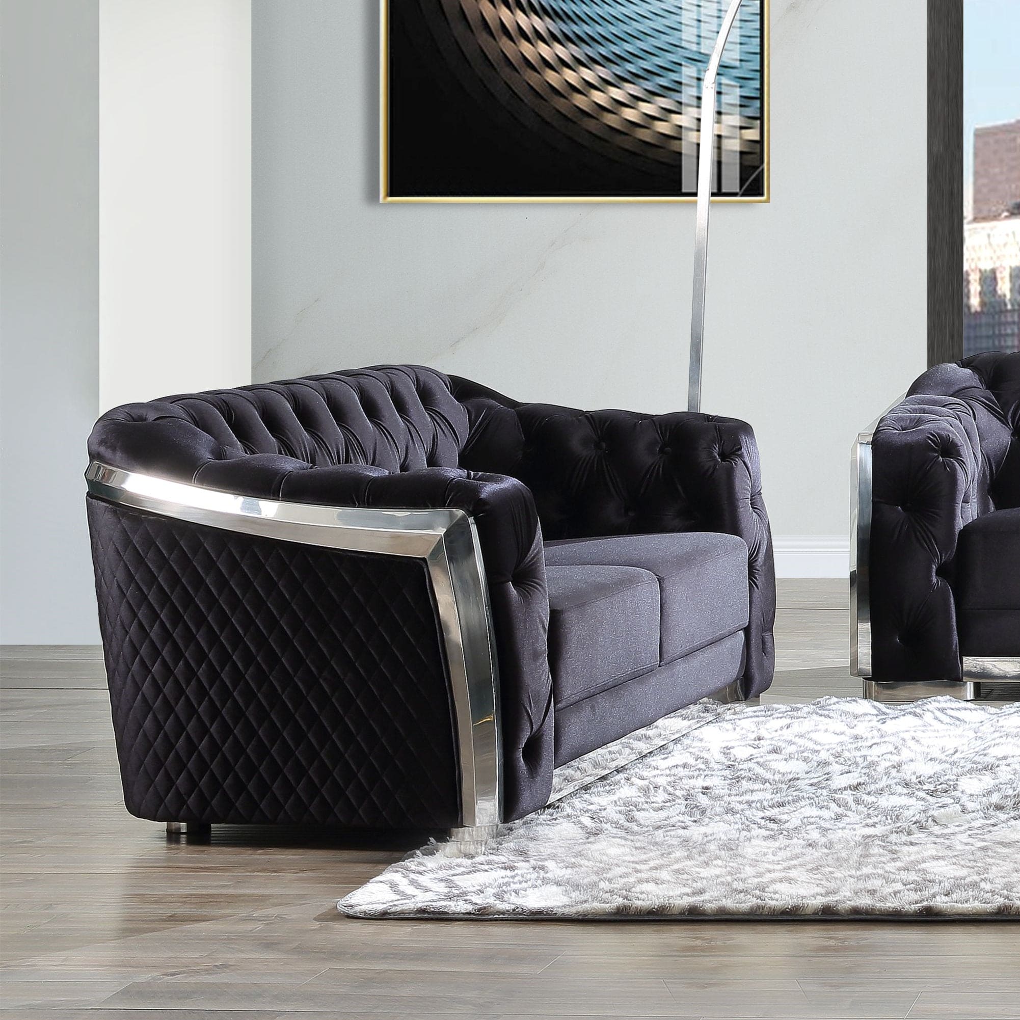 ACME Pyroden Loveseat in Black Velvet & Chrome Finish LV00297