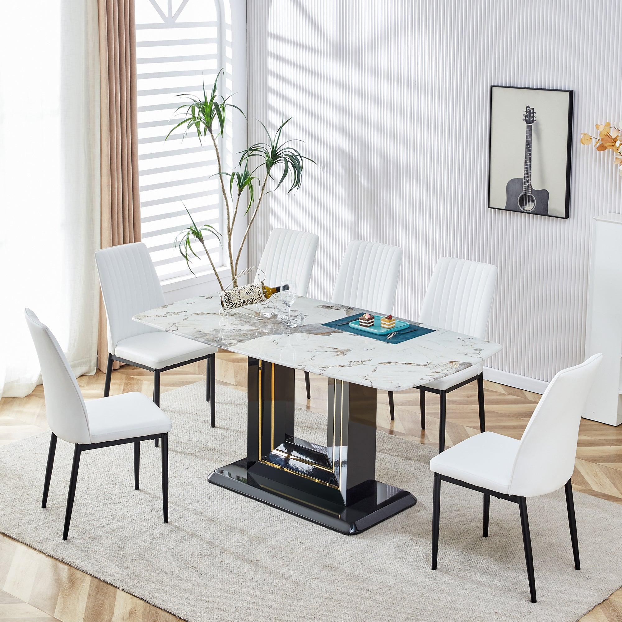 Faux Marble Dining Table Set, Glass Rectangular Kitchen Table for 6-8, Modern White Faux Marble Dining Room Table with MDF Base, Dining Table & 6 Chairs