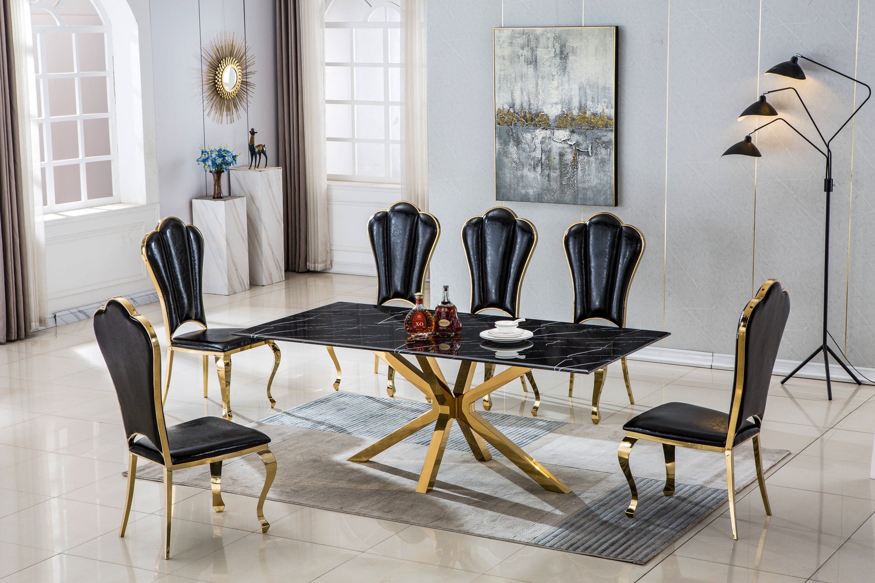 Modern Rectangular Marble Table for Dining Room/Kitchen, 1.02" Thick Marble Top, Gold Finish Stainless Steel Base, Size:79"Lx39"Dx30"H(Not Including Chairs)