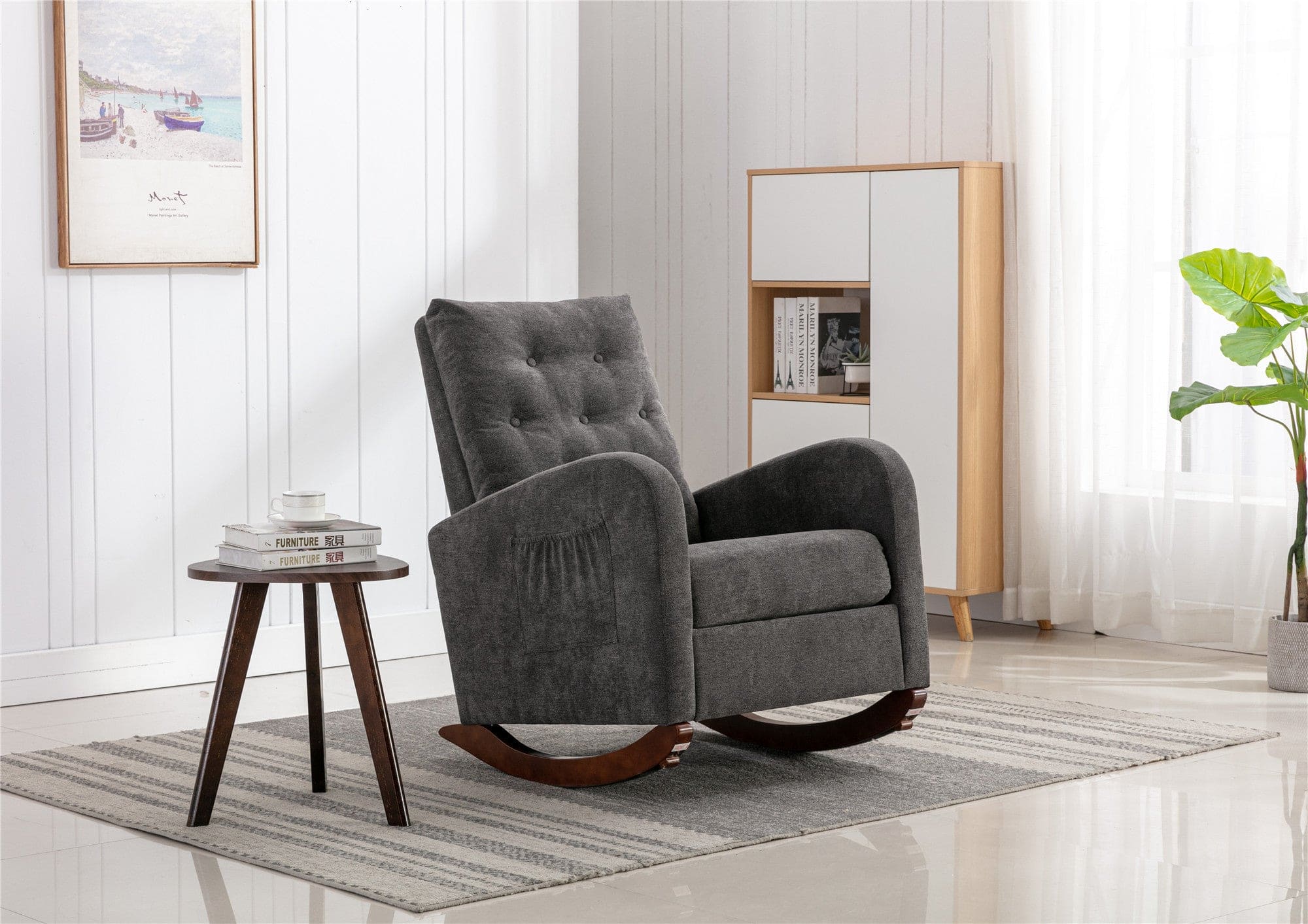 High Back Rocking Chair Nursery Chair .Comfortable Rocker Fabric Padded Seat .Modern High Back Armchair