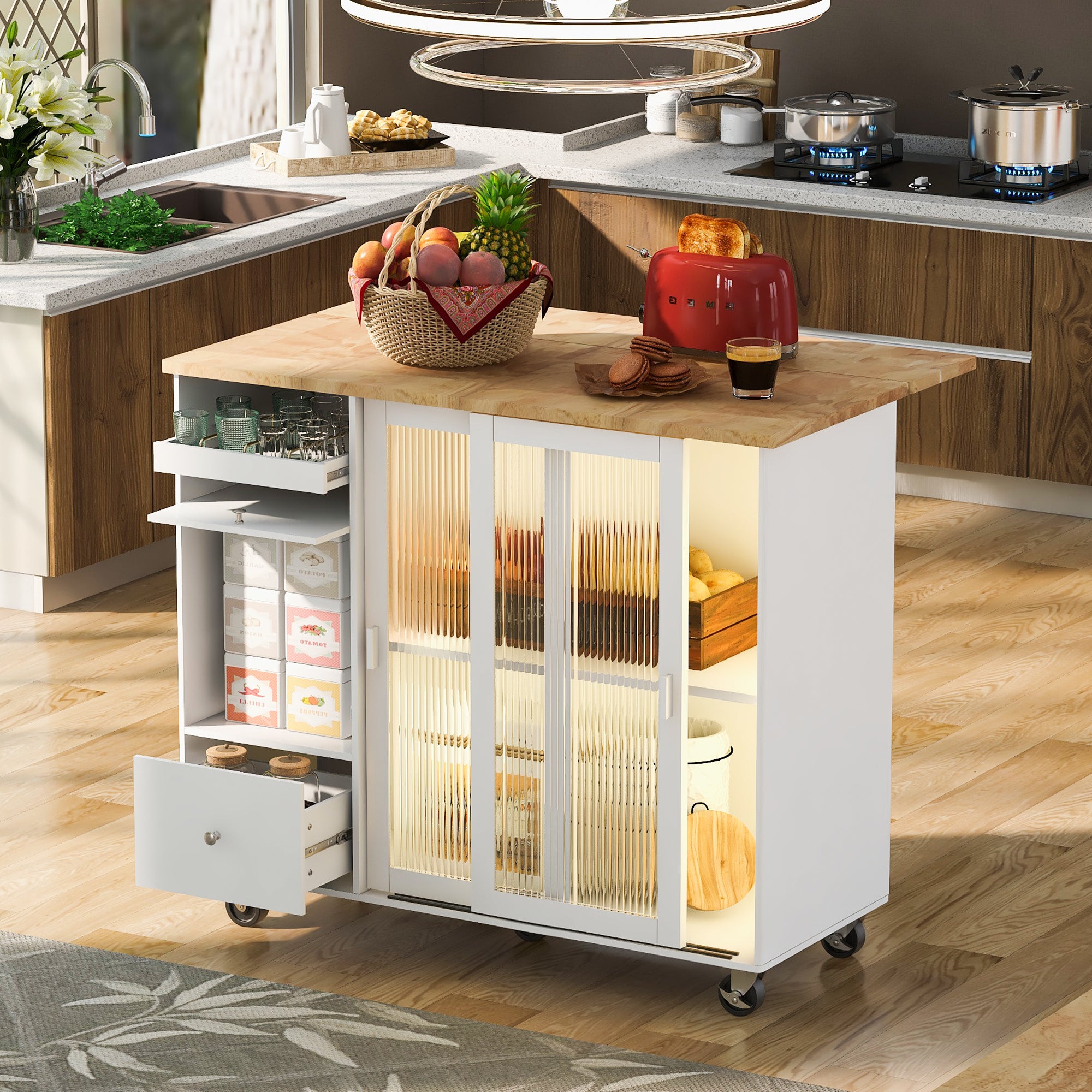 Kitchen Island with Drop Leaf, LED Light Kitchen Cart on Wheels with 2 Fluted Glass Doors and 1 Flip Cabinet Door, Large Kitchen Island Cart with an Adjustable Shelf and 2 Drawers (White)