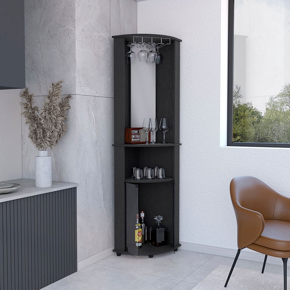 Corner Bar Cabinet Rialto, Three Shelves, Black Wengue Finish