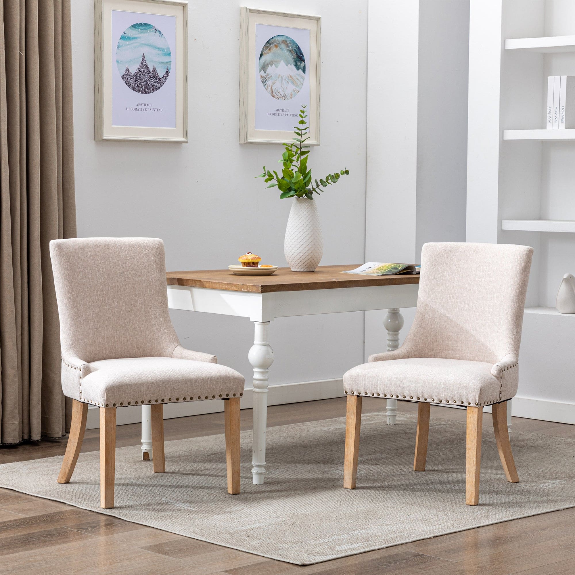 Hengming  Set of 2 Fabric Dining Chairs Leisure Padded Chairs with  Rubber Wood Legs,Nailed Trim, Beige