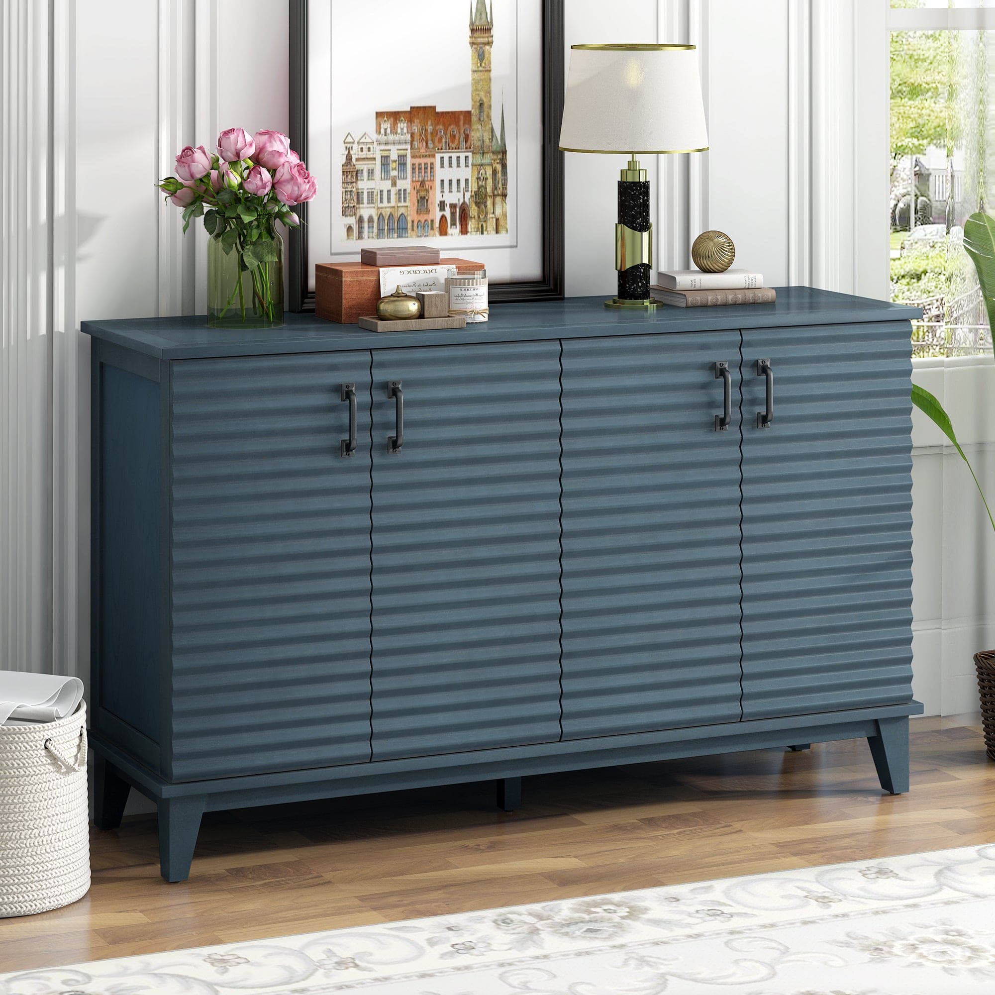 TREXM Sideboard with 4 Door Large Storage Buffet with Adjustable Shelves and Metal Handles for Kitchen, Living Room, Dining Room (Navy)