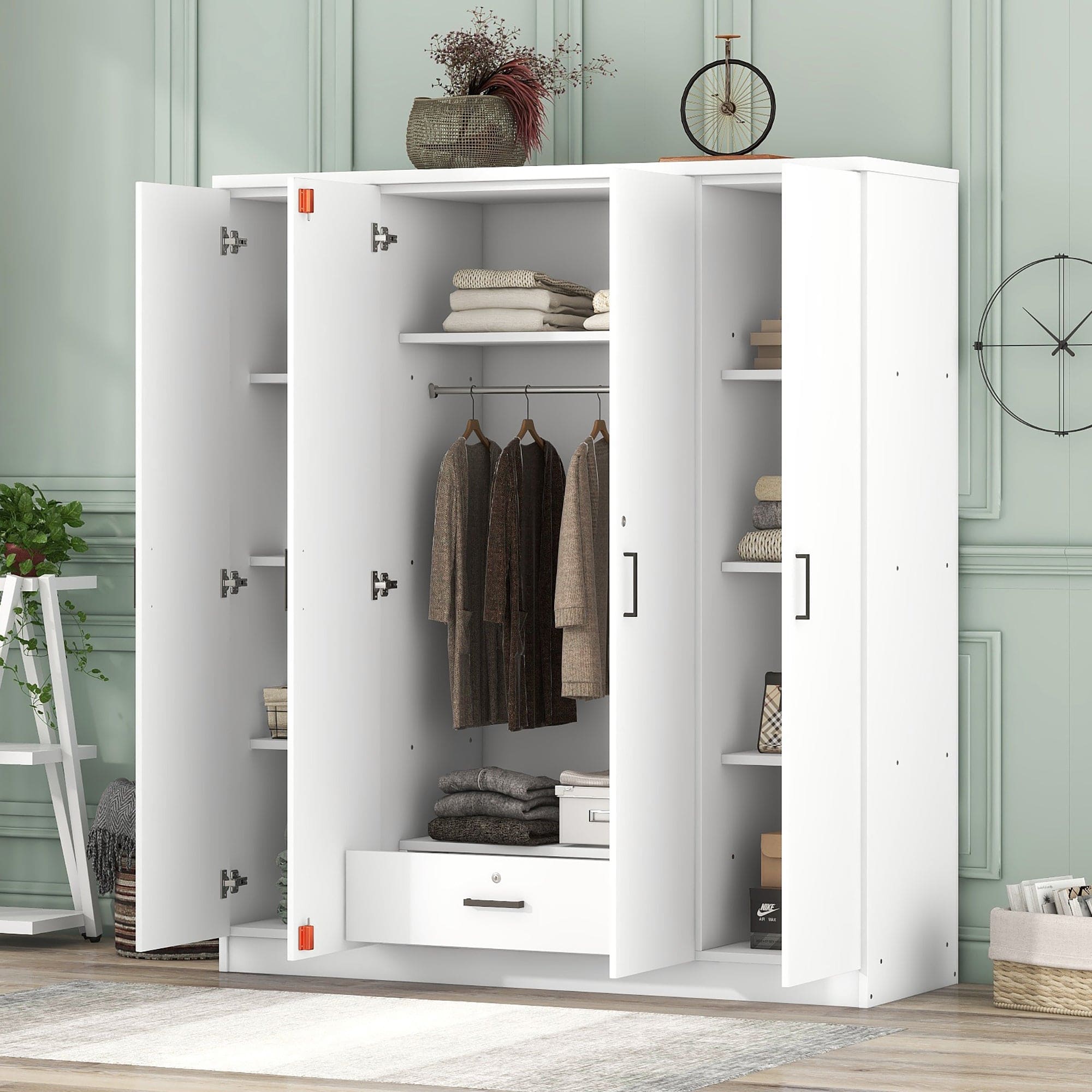 4-Door Wardrobe with 1 Drawer, White